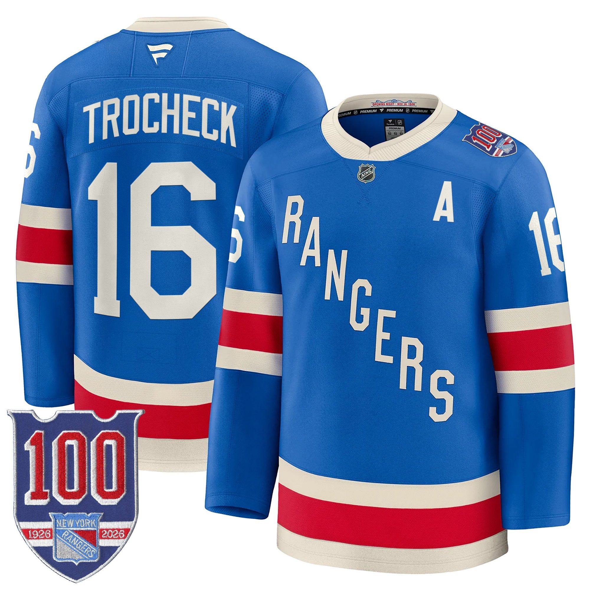 New York Rangers 1926 Throwback Premium Jersey - 100th Anniversary Patch - All Stitched