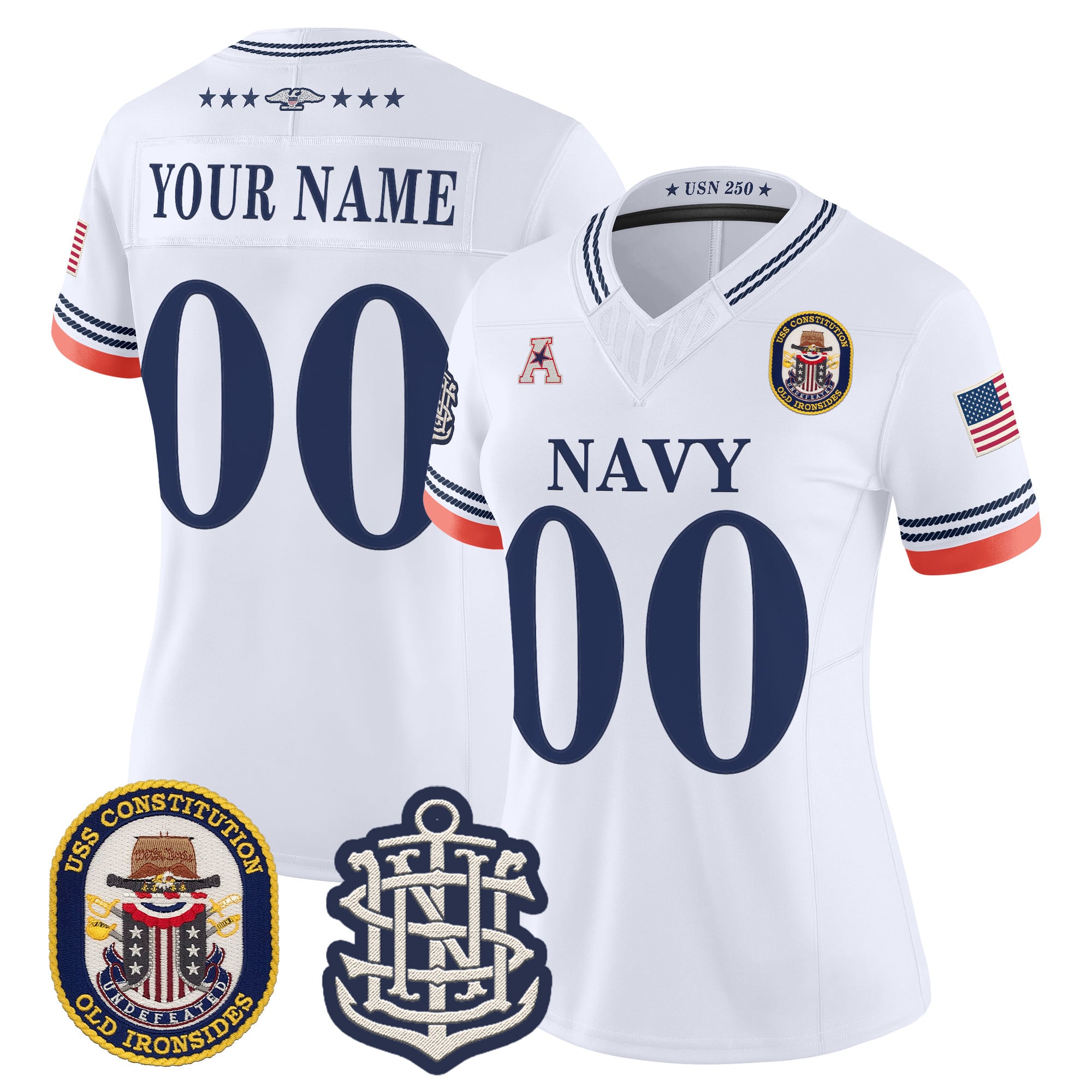 Navy Midshipmen 250th Anniversary Vapor Limited Custom Jersey - USS Constitution Patch - Stitched