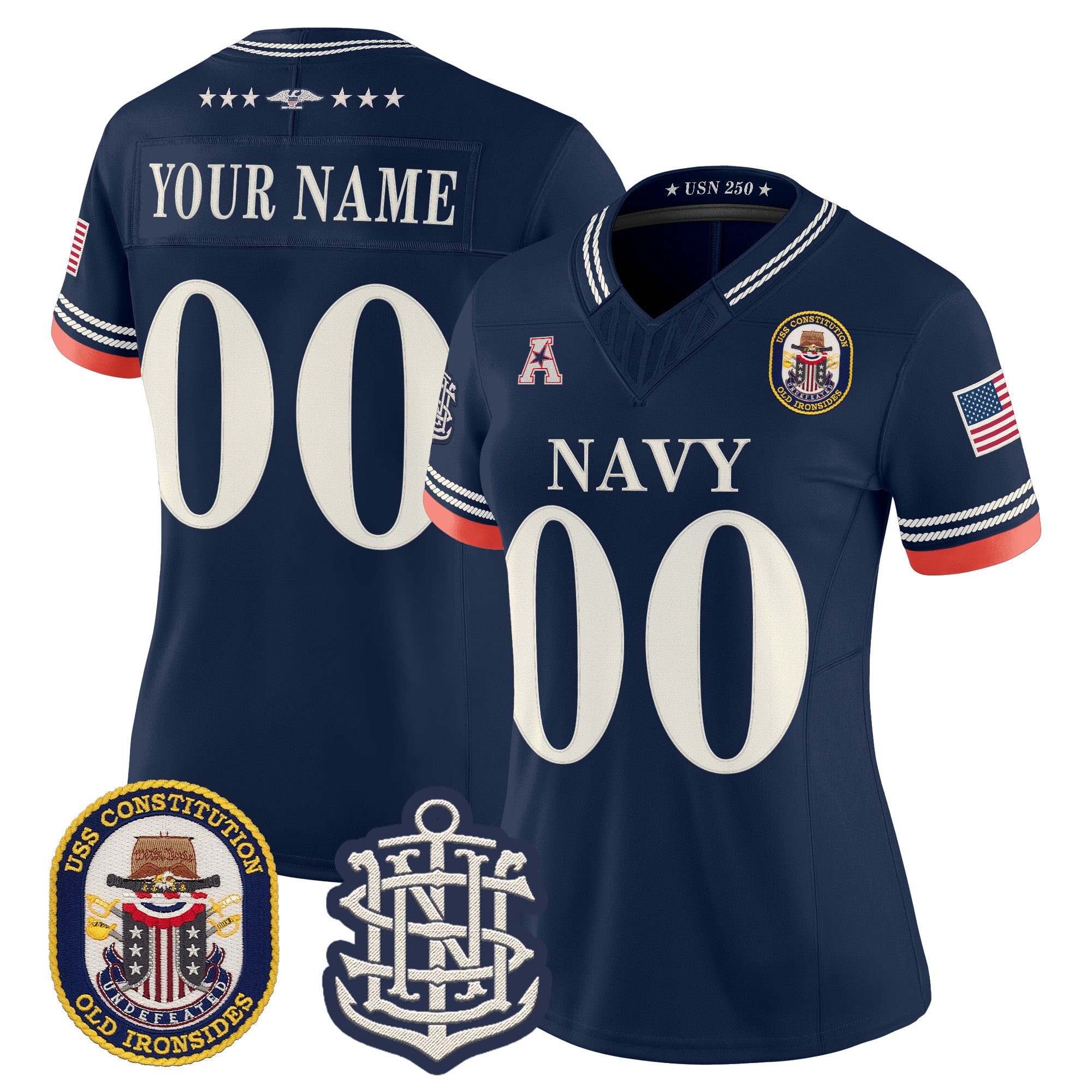 Navy Midshipmen 250th Anniversary Vapor Limited Custom Jersey - USS Constitution Patch - Stitched