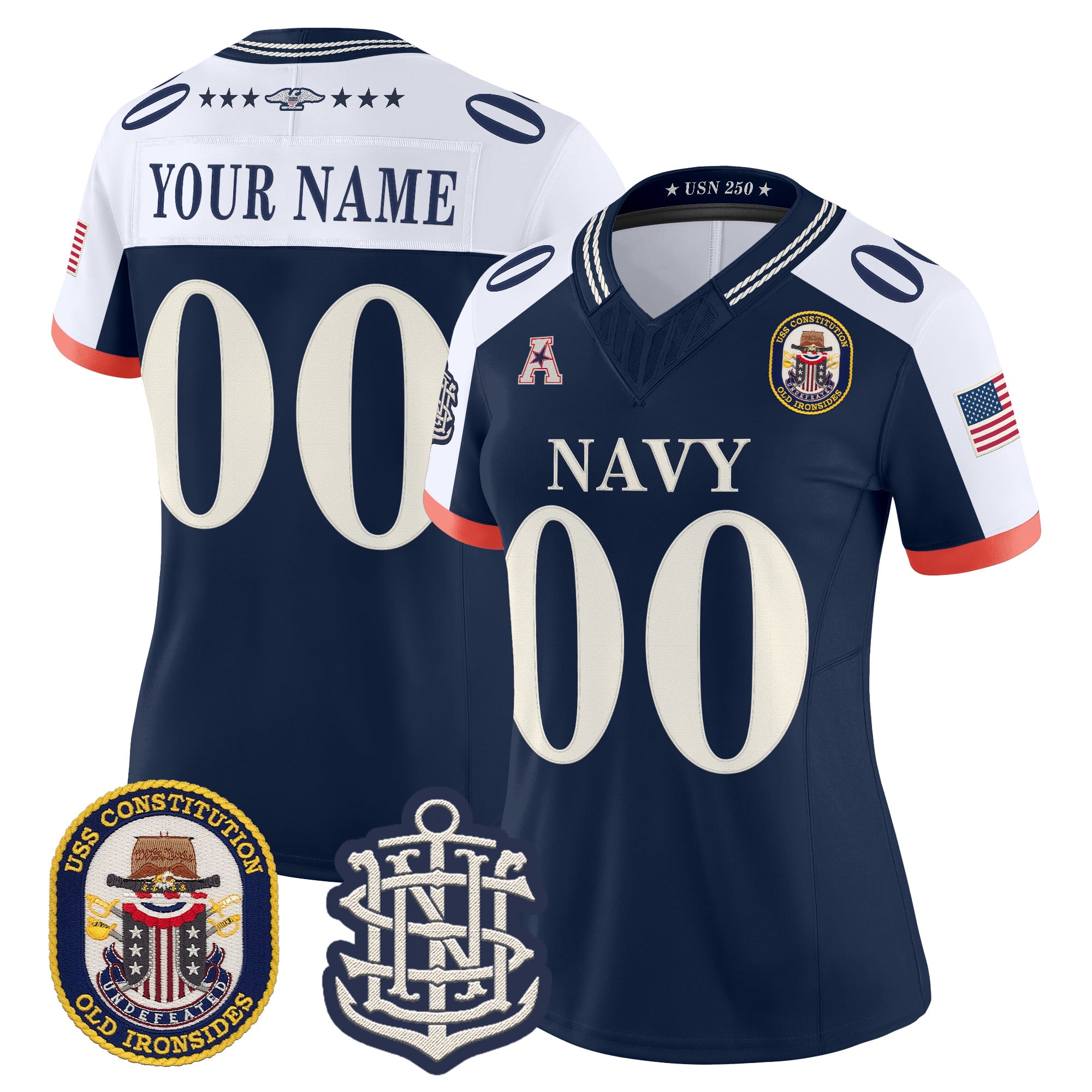 Navy Midshipmen 250th Anniversary Vapor Limited Custom Jersey - USS Constitution Patch - Stitched