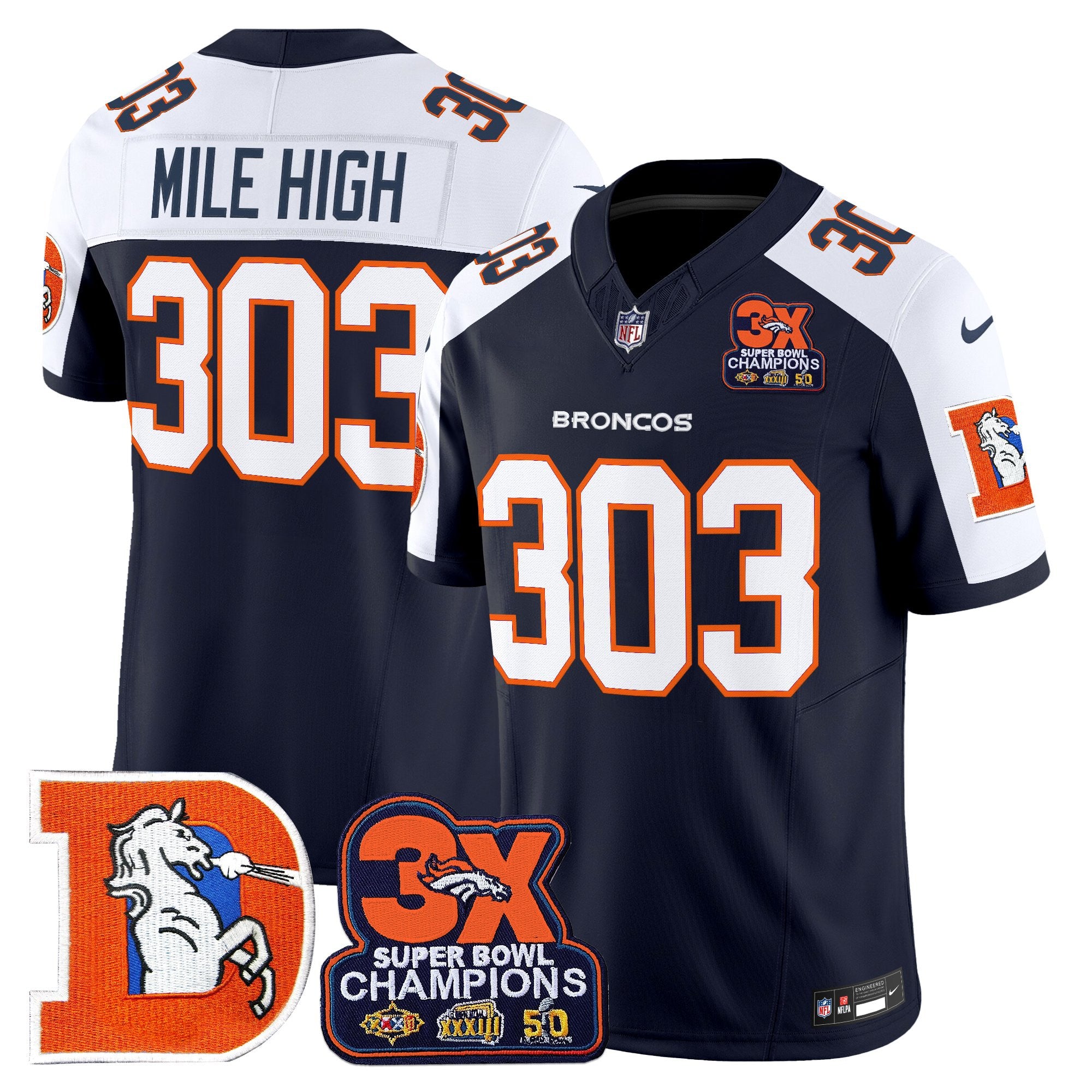 Men's Denver Broncos Throwback Vapor Limited Jersey - 3-Time Champions Patch - All Stitched