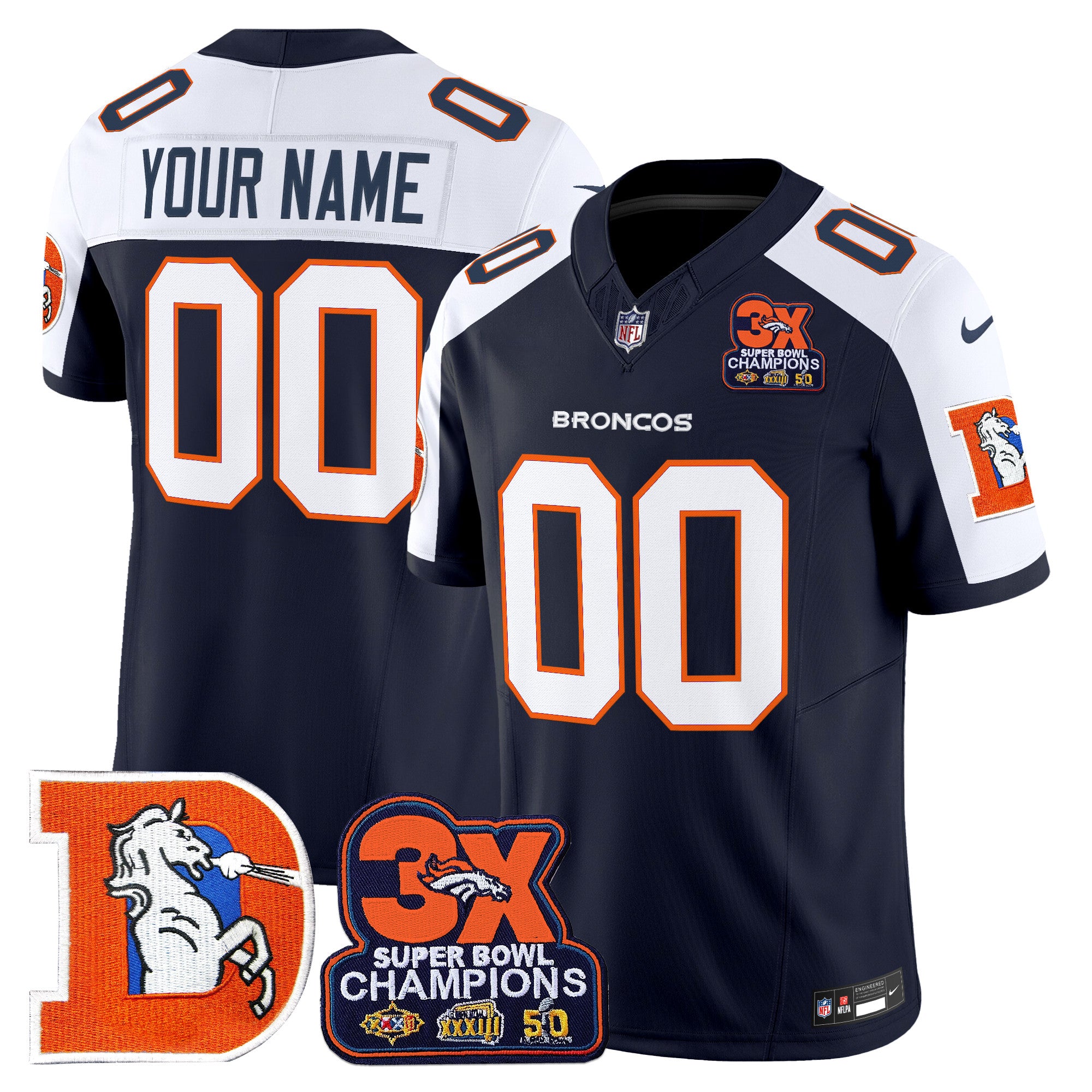 Denver Broncos Throwback Vapor Limited Custom Jersey - 3-Time Champions Patch - All Stitched