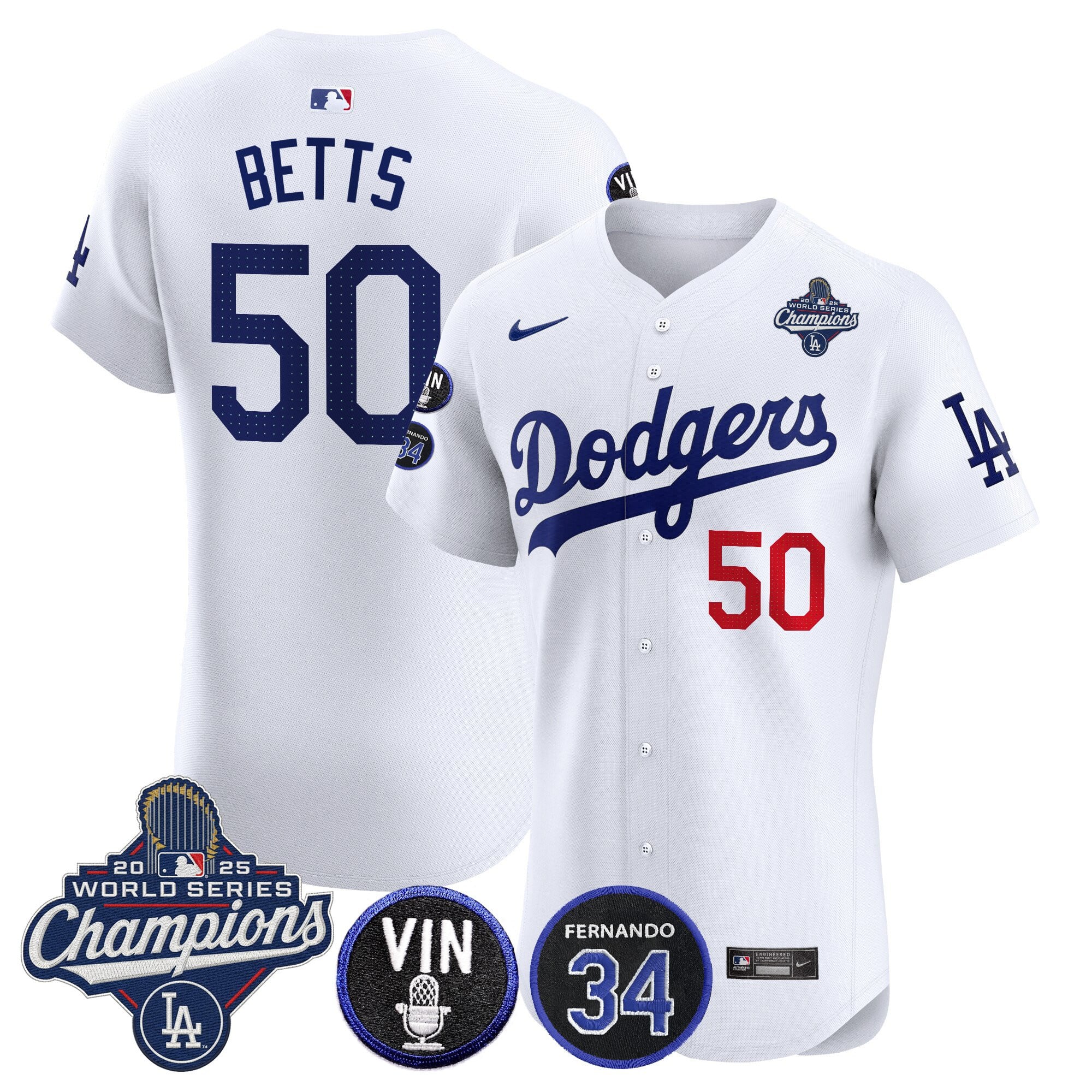 Men's Dodgers 2025 World Series Champions Vapor Premier Elite Jersey - Vin Scully & Fernando Patch - All Stitched