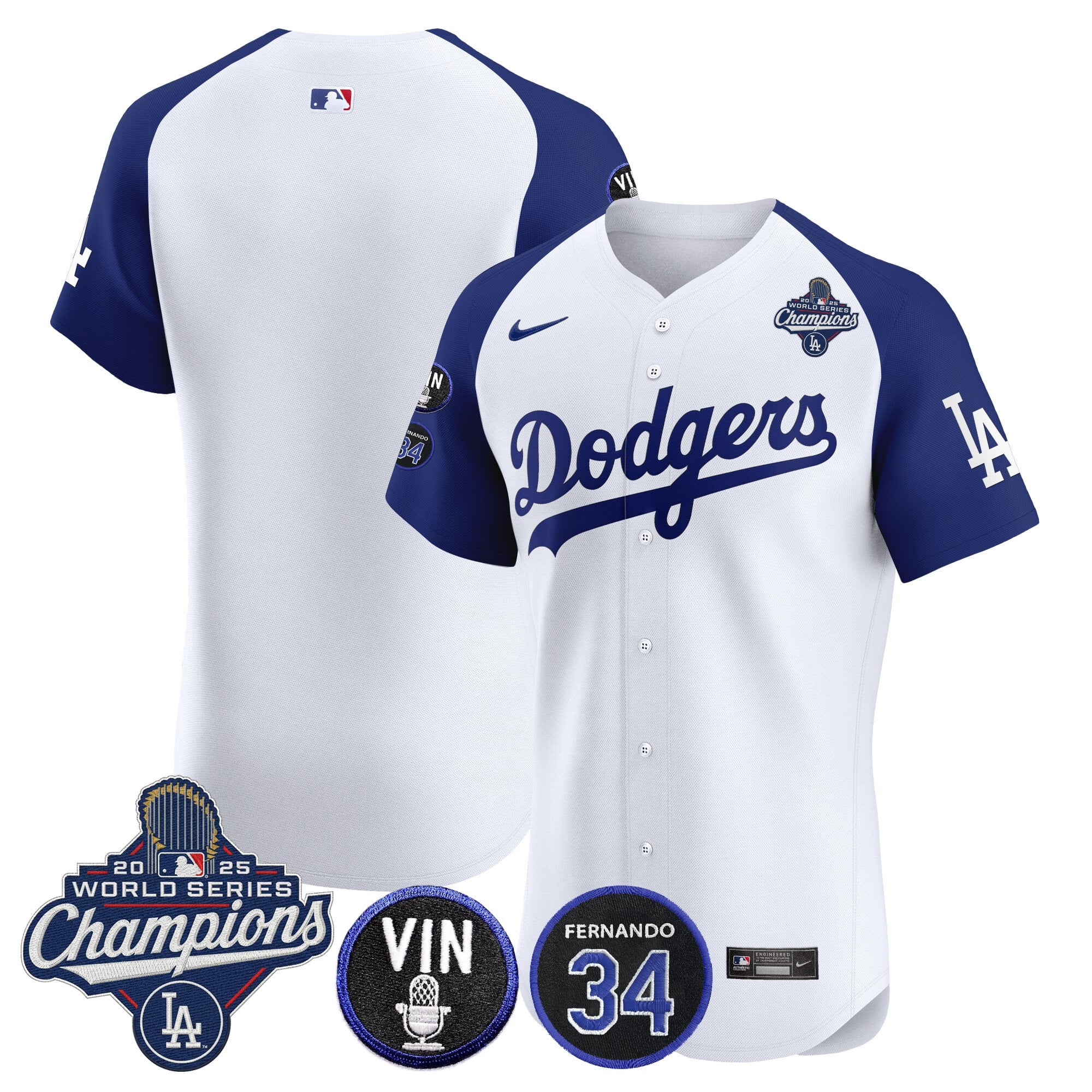 Men's Dodgers 2025 World Series Champions Vapor Premier Elite Jersey - Vin Scully & Fernando Patch - All Stitched