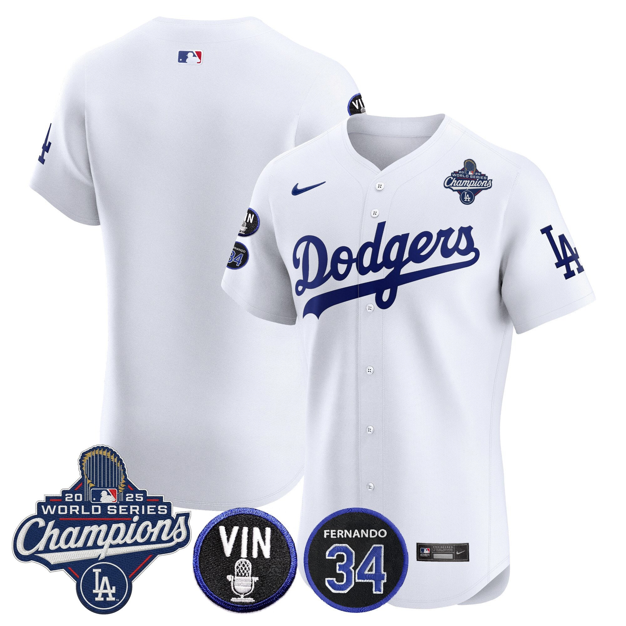 Men's Dodgers 2025 World Series Champions Vapor Premier Elite Jersey - Vin Scully & Fernando Patch - All Stitched