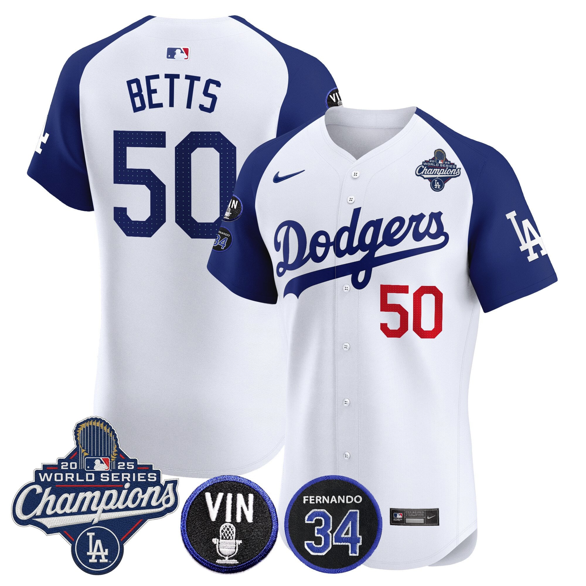 Men's Dodgers 2025 World Series Champions Vapor Premier Elite Jersey - Vin Scully & Fernando Patch - All Stitched