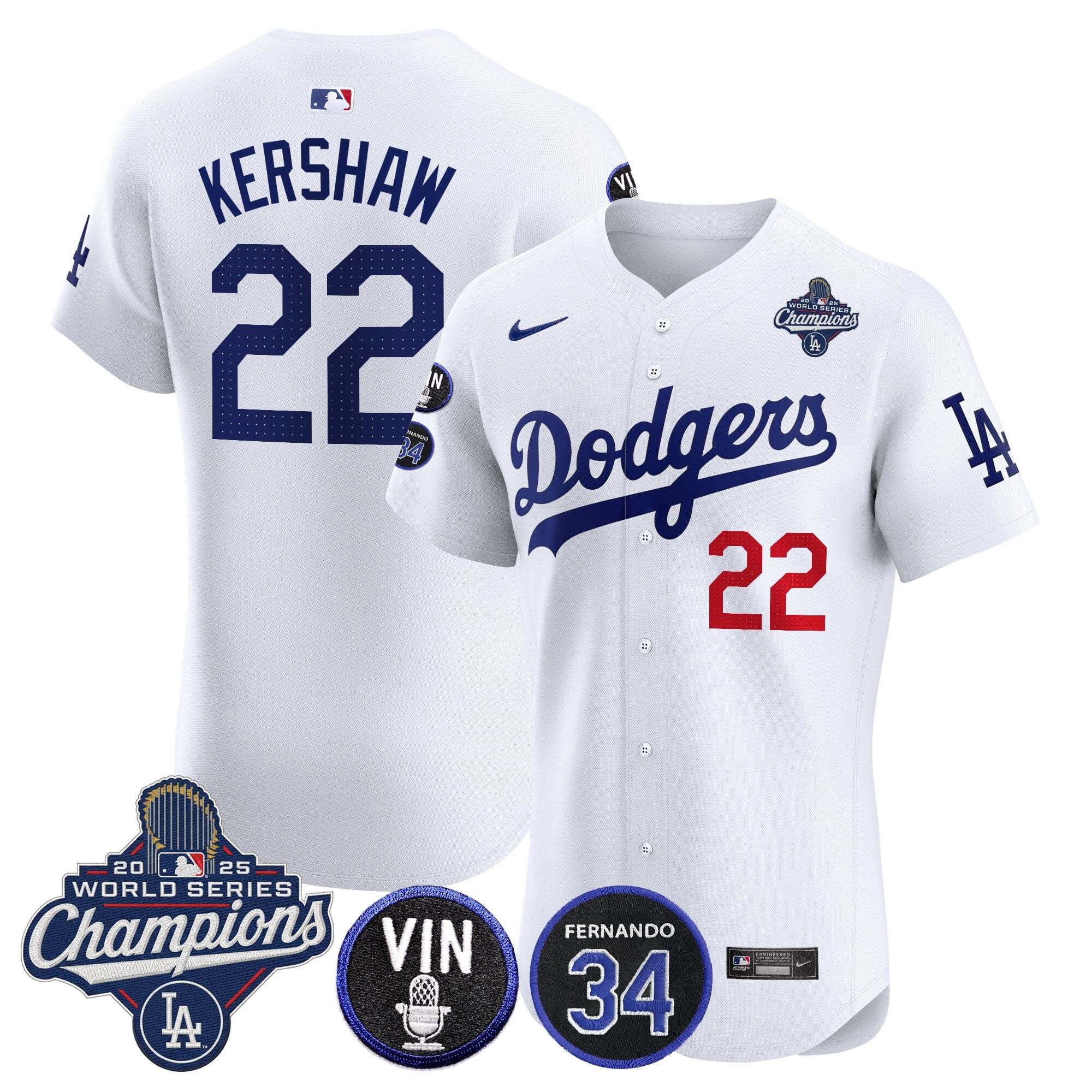 Men's Dodgers 2025 World Series Champions Vapor Premier Elite Jersey - Vin Scully & Fernando Patch - All Stitched