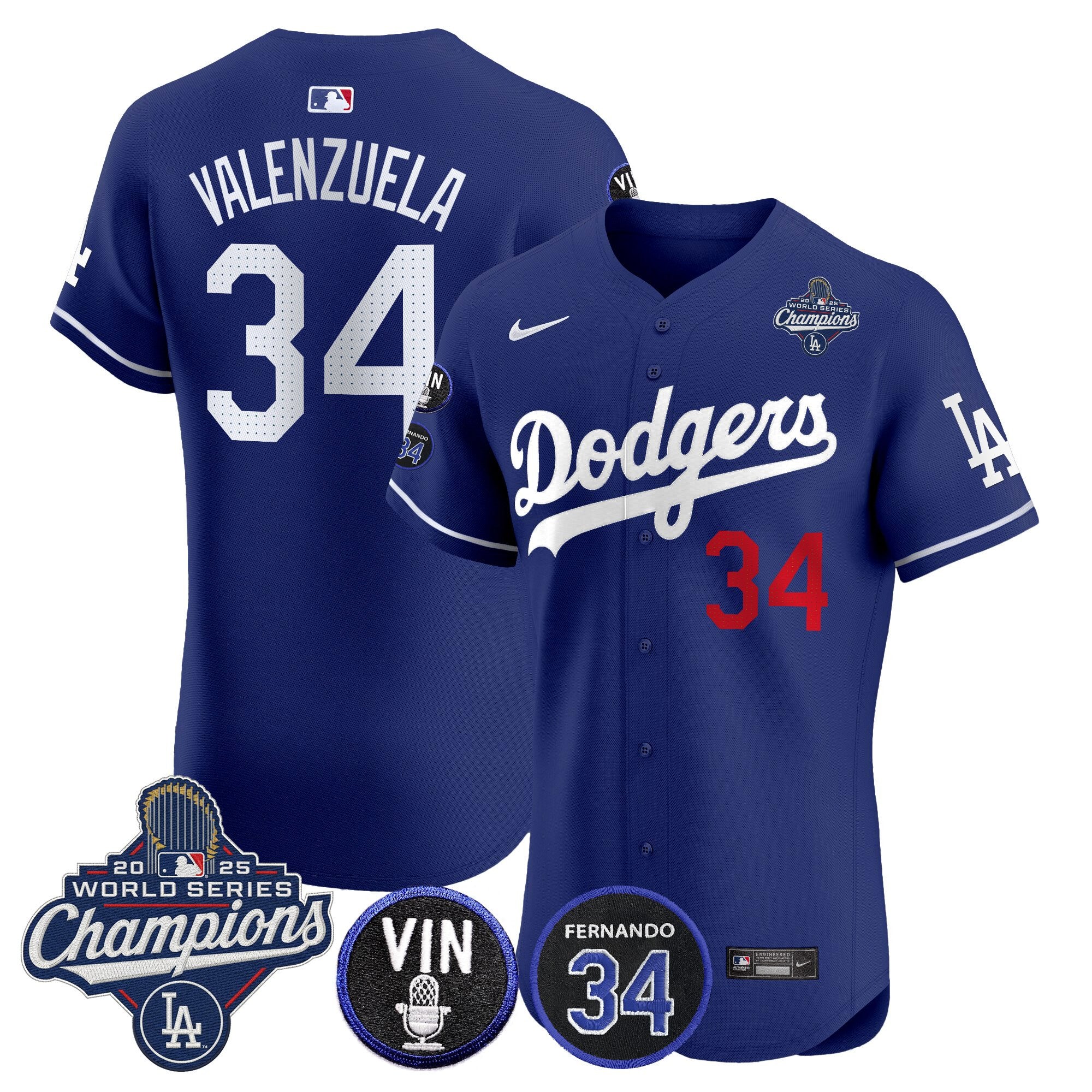 Men's Dodgers 2025 World Series Champions Vapor Premier Elite Jersey - Vin Scully & Fernando Patch - All Stitched