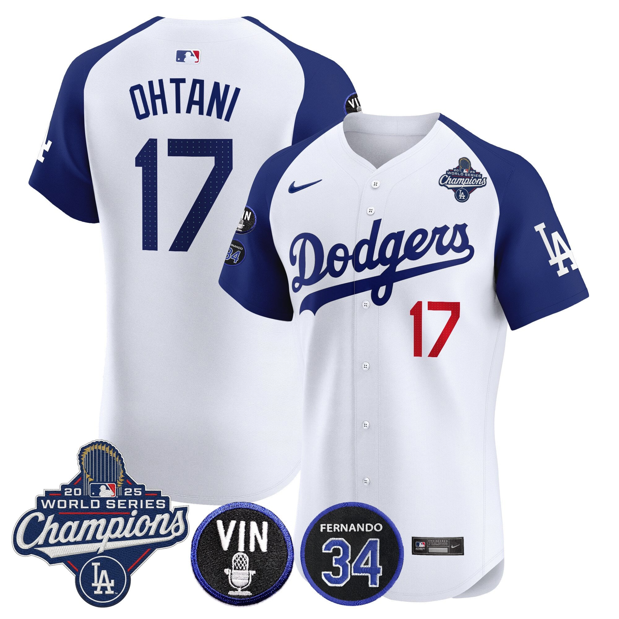 Men's Dodgers 2025 World Series Champions Vapor Premier Elite Jersey - Vin Scully & Fernando Patch - All Stitched