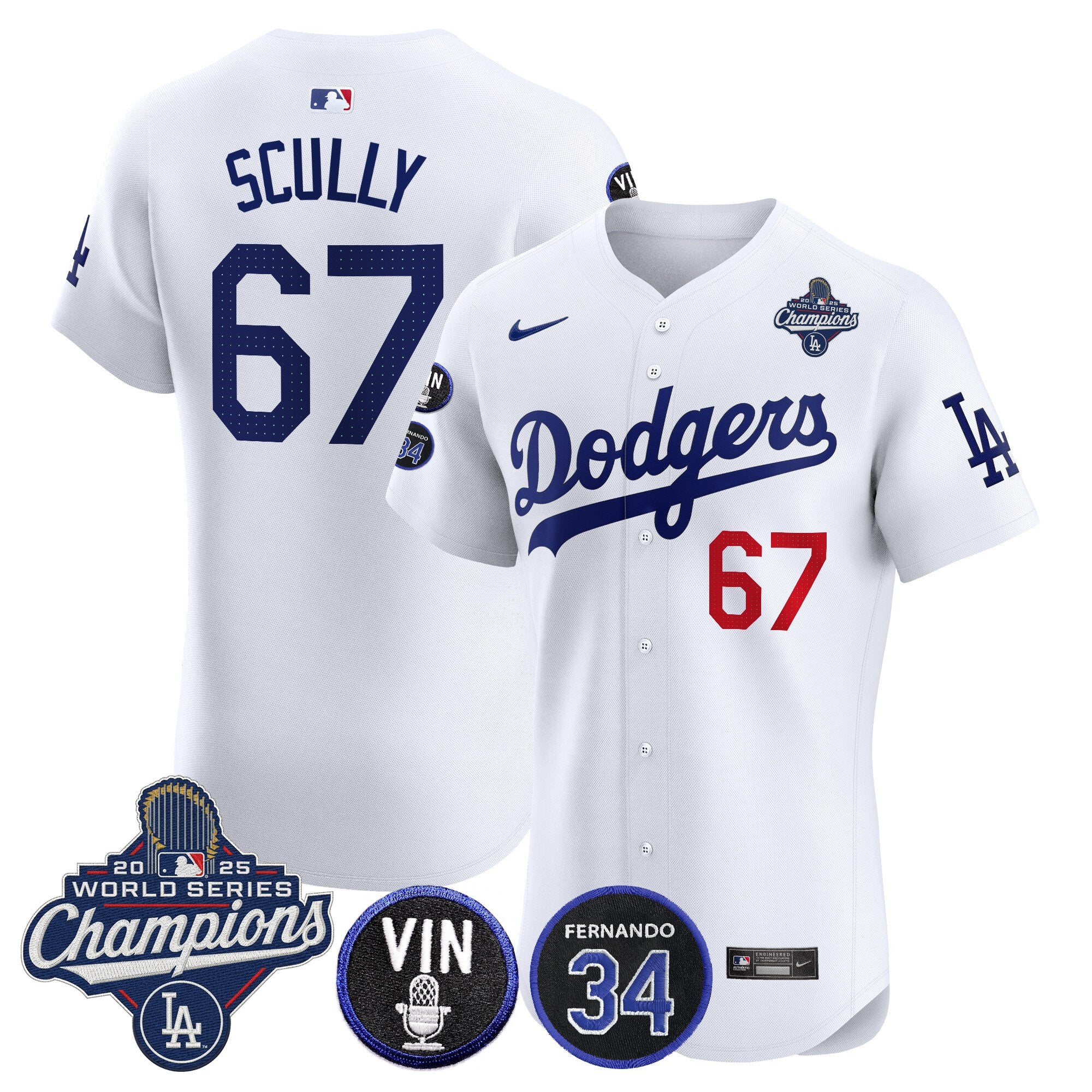 Men's Dodgers 2025 World Series Champions Vapor Premier Elite Jersey - Vin Scully & Fernando Patch - All Stitched