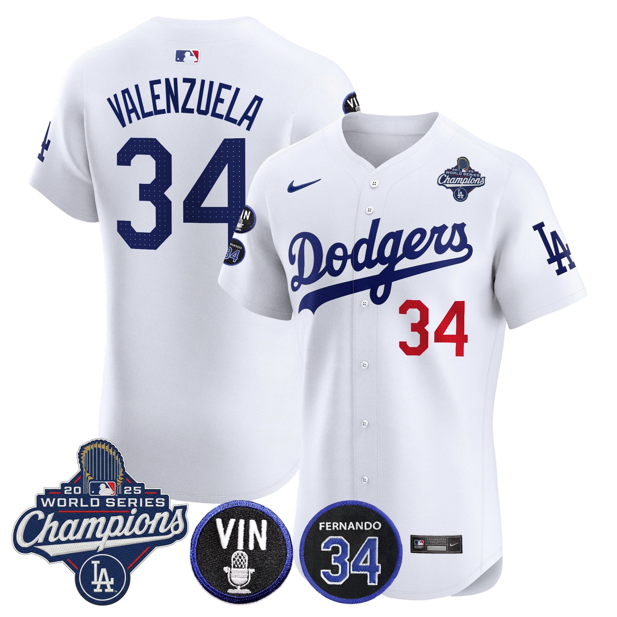 Men's Dodgers 2025 World Series Champions Vapor Premier Elite Jersey - Vin Scully & Fernando Patch - All Stitched