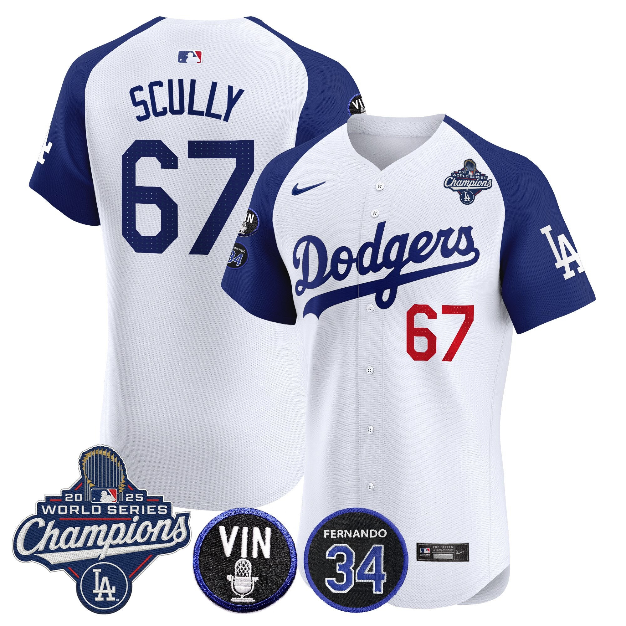 Men's Dodgers 2025 World Series Champions Vapor Premier Elite Jersey - Vin Scully & Fernando Patch - All Stitched