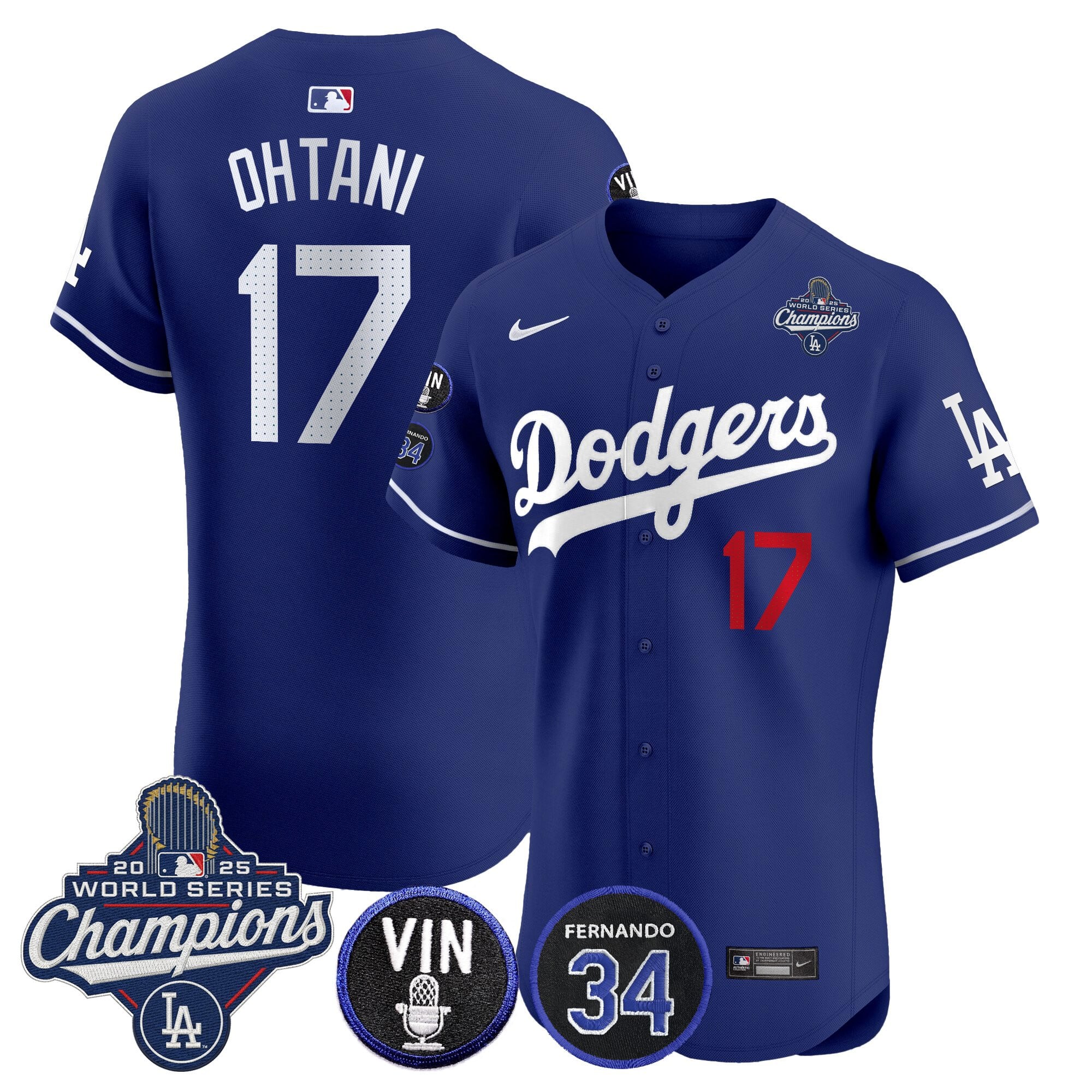 Men's Dodgers 2025 World Series Champions Vapor Premier Elite Jersey - Vin Scully & Fernando Patch - All Stitched
