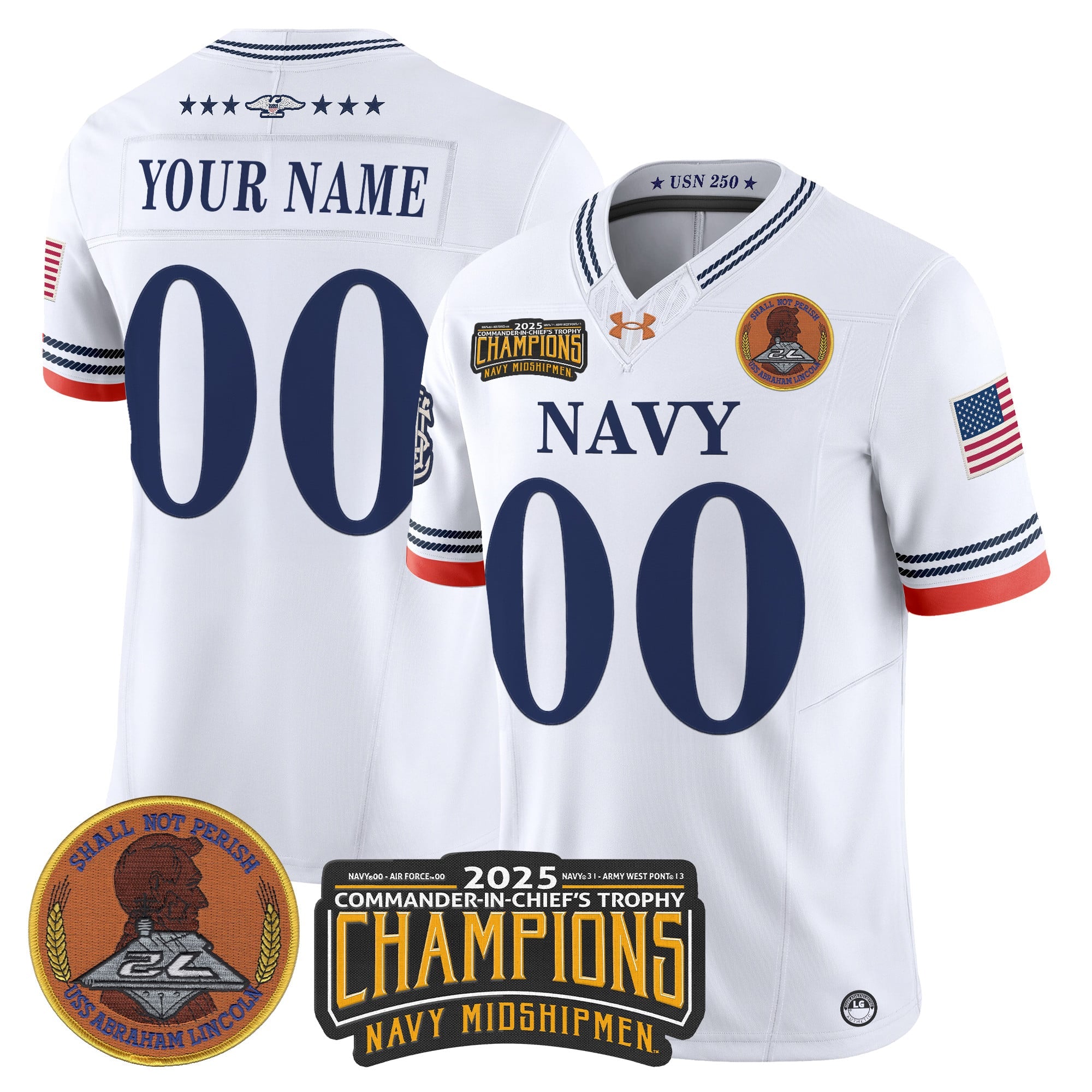 Navy Midshipmen 250th Anniversary Vapor Limited Custom Jersey - 2025 Commander-In-Chief's Trophy Champions Patch - Stitched