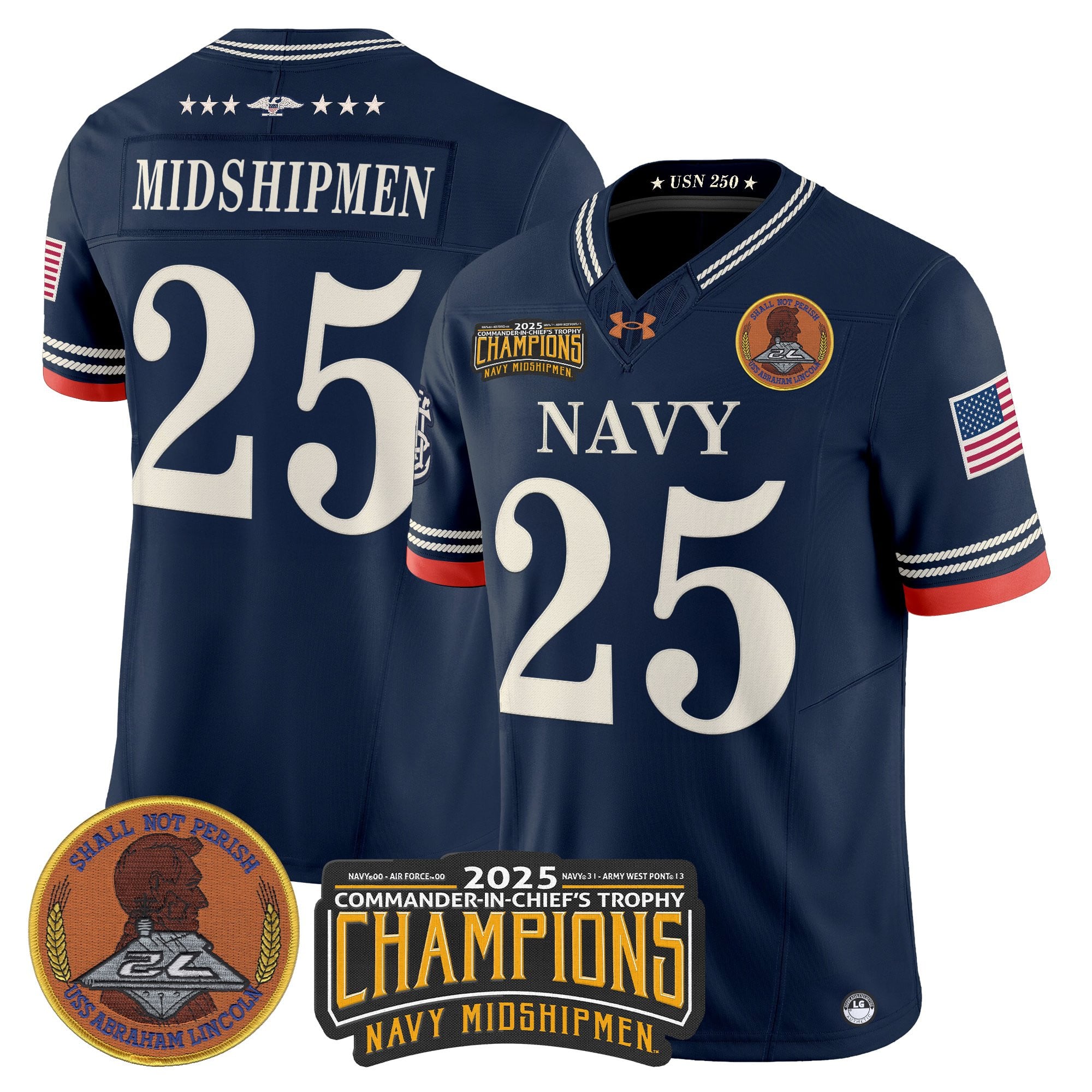Men's Navy Midshipmen 250th Anniversary Vapor Limited Jersey - 2025 Commander-In-Chief's Trophy Champions Patch - Stitched