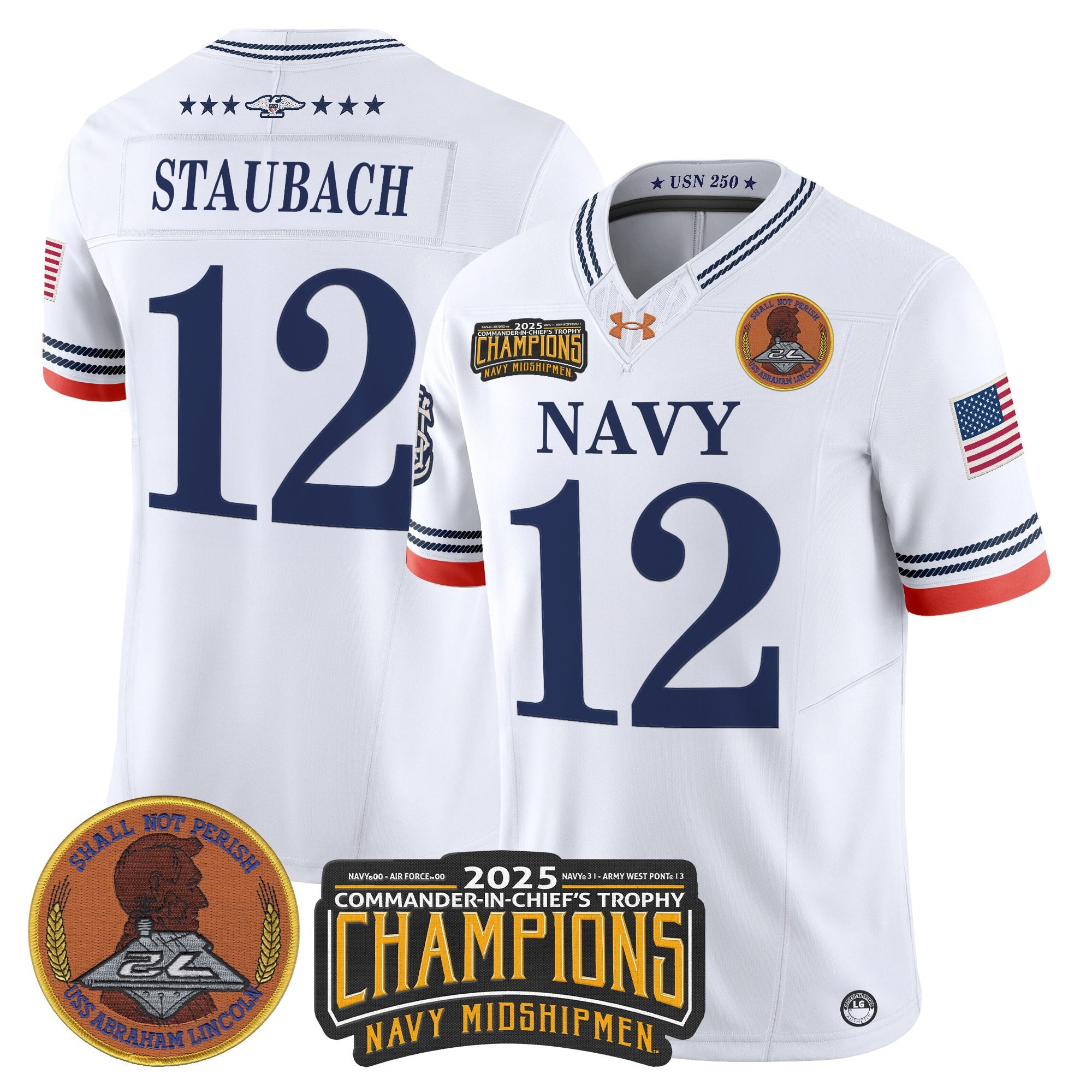 Men's Navy Midshipmen 250th Anniversary Vapor Limited Jersey - 2025 Commander-In-Chief's Trophy Champions Patch - Stitched