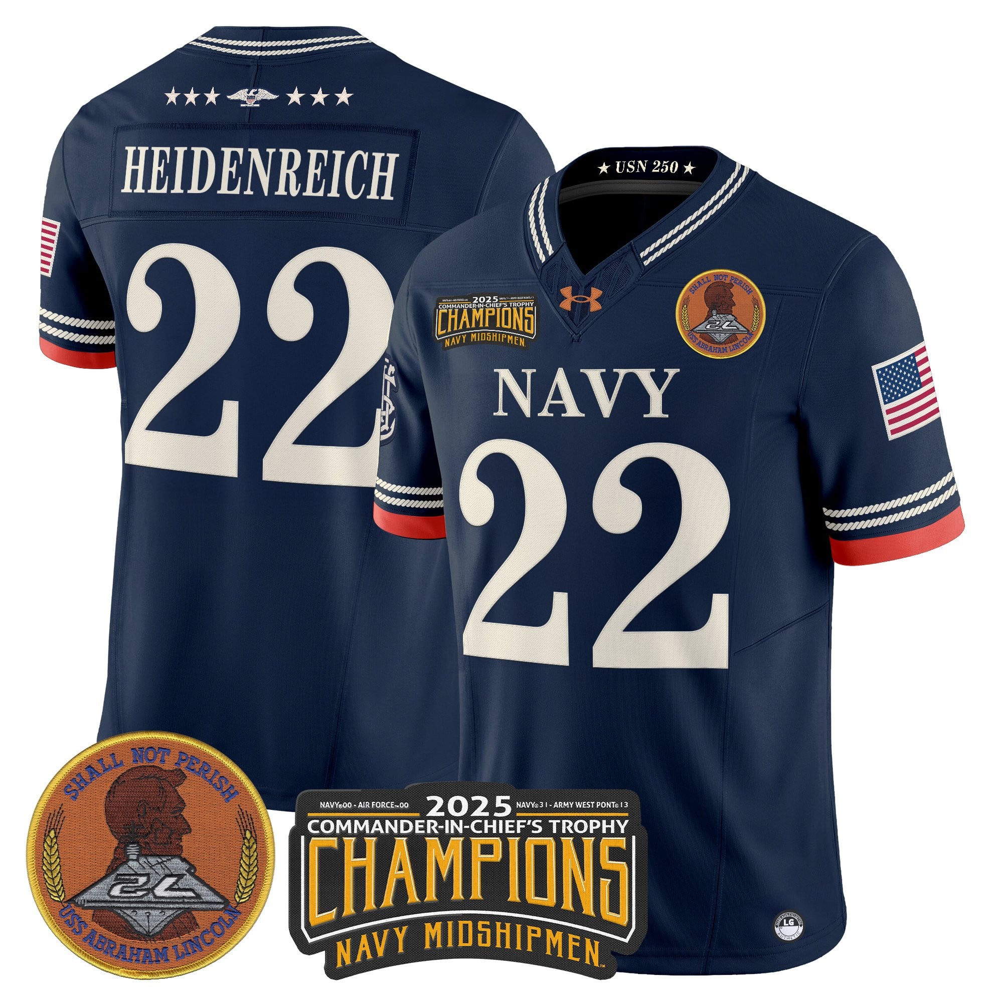 Men's Navy Midshipmen 250th Anniversary Vapor Limited Jersey - 2025 Commander-In-Chief's Trophy Champions Patch - Stitched