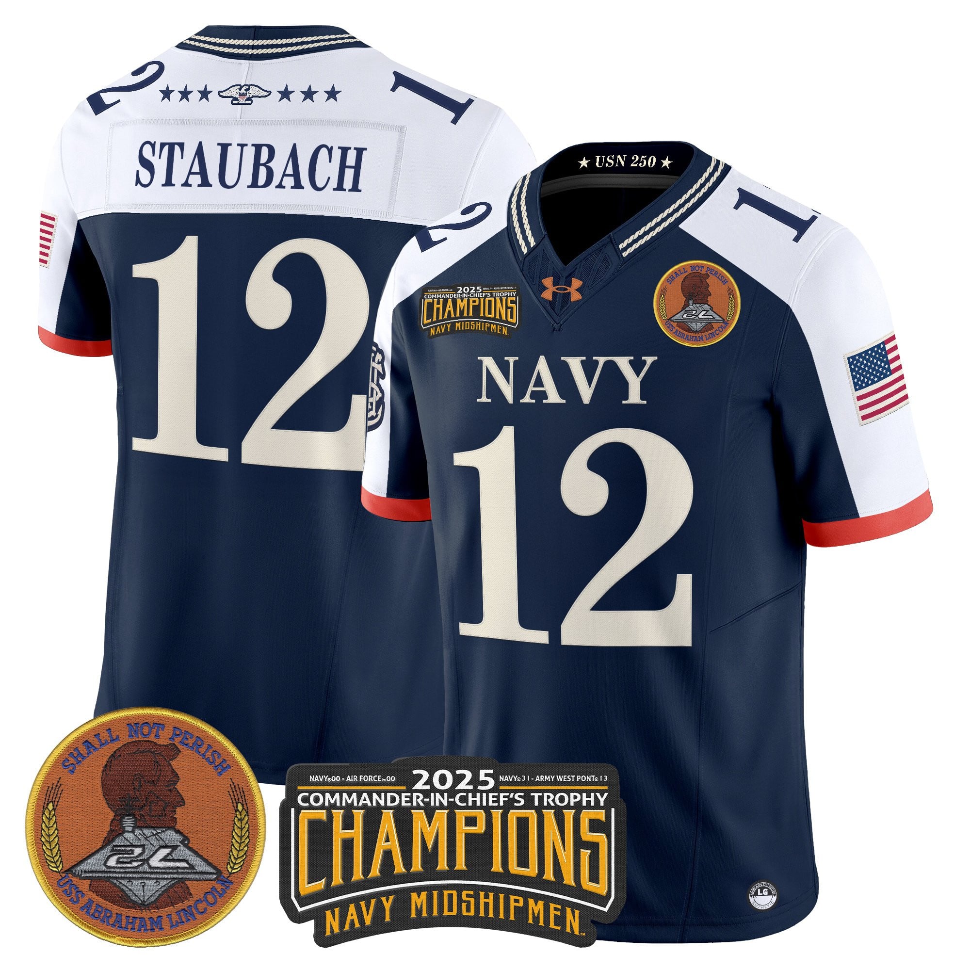 Men's Navy Midshipmen 250th Anniversary Vapor Limited Jersey - 2025 Commander-In-Chief's Trophy Champions Patch - Stitched
