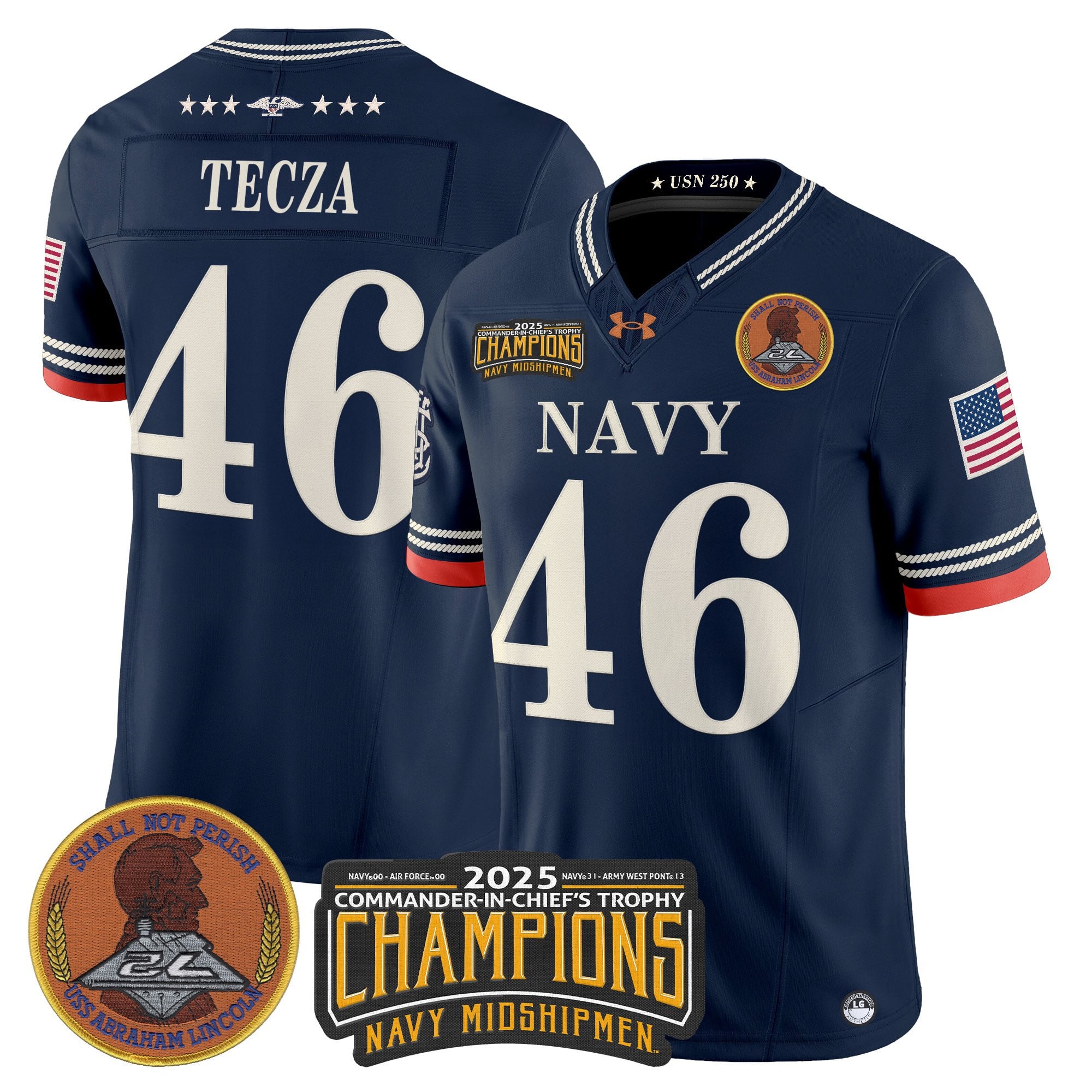 Men's Navy Midshipmen 250th Anniversary Vapor Limited Jersey - 2025 Commander-In-Chief's Trophy Champions Patch - Stitched