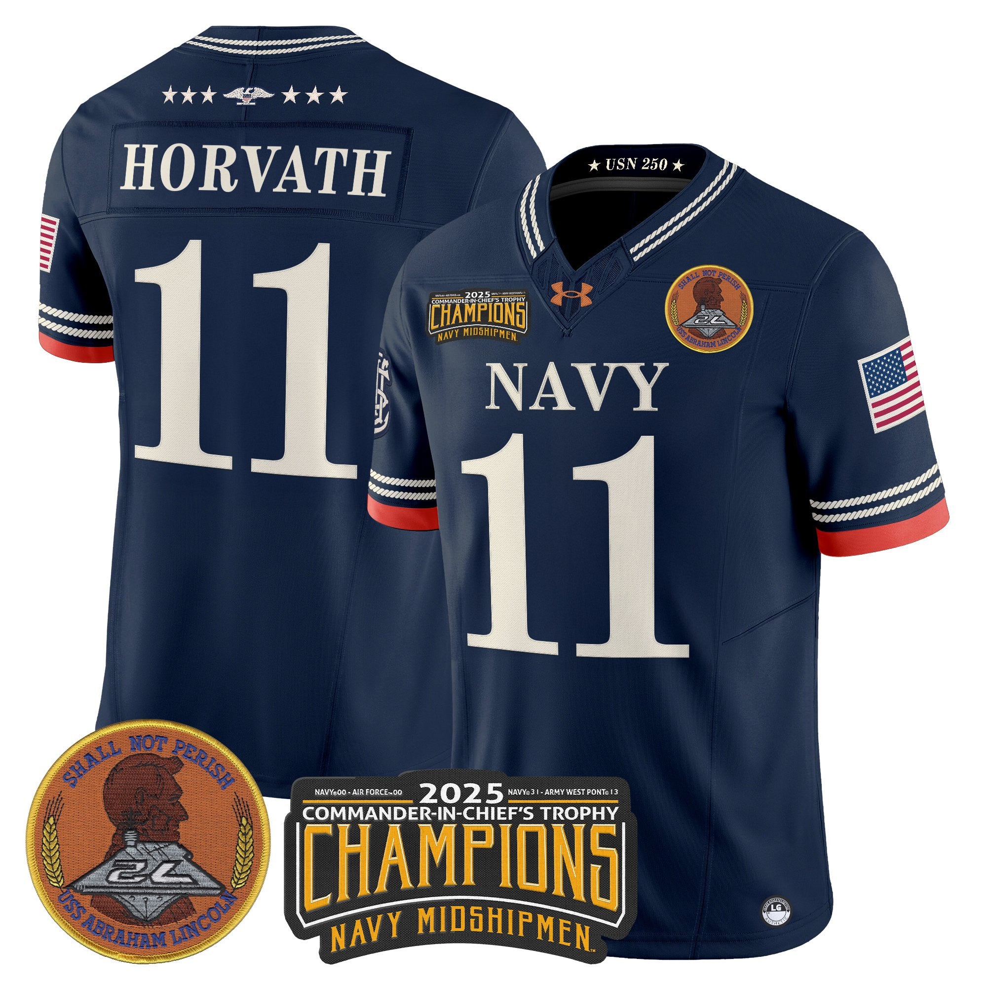 Men's Navy Midshipmen 250th Anniversary Vapor Limited Jersey - 2025 Commander-In-Chief's Trophy Champions Patch - Stitched