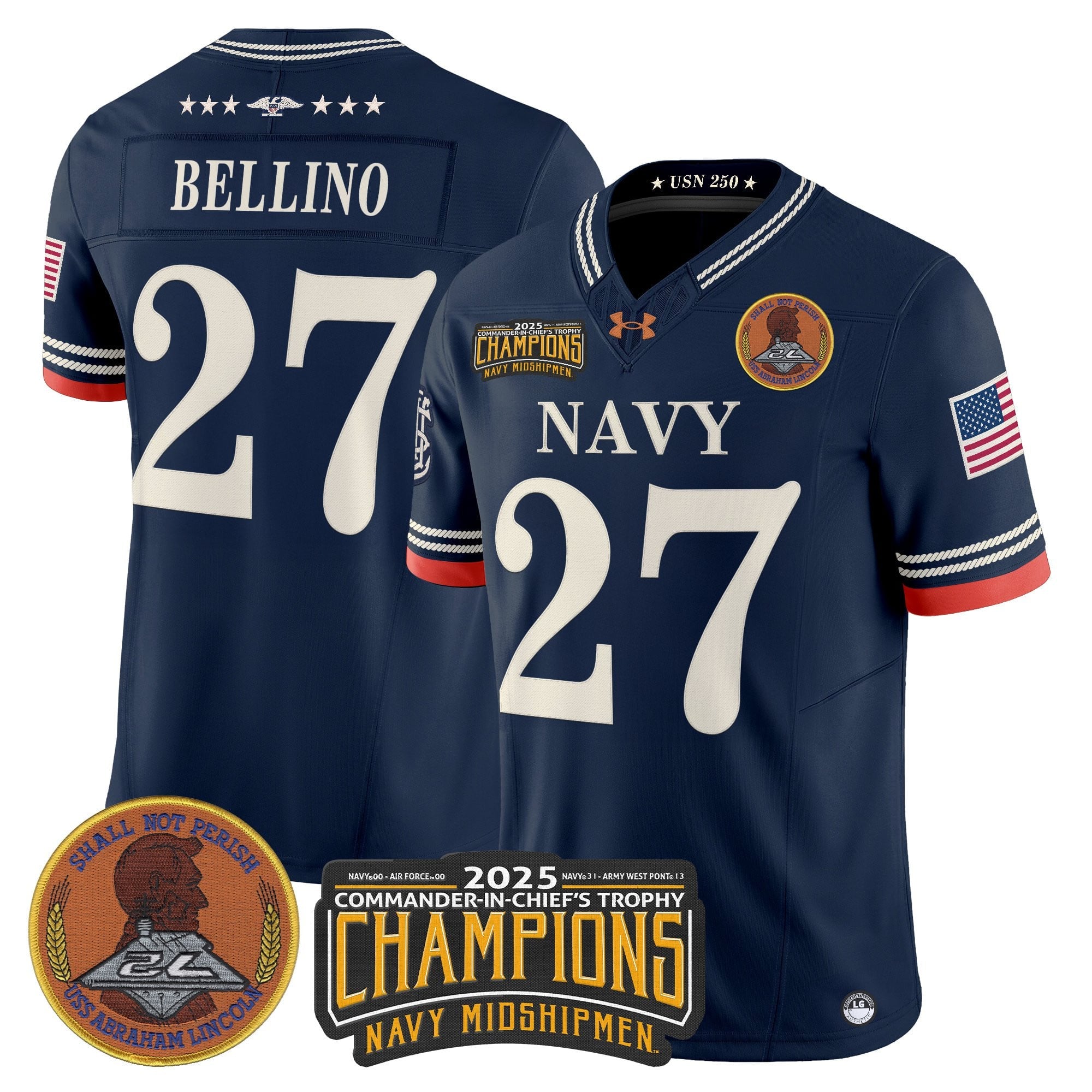 Men's Navy Midshipmen 250th Anniversary Vapor Limited Jersey - 2025 Commander-In-Chief's Trophy Champions Patch - Stitched