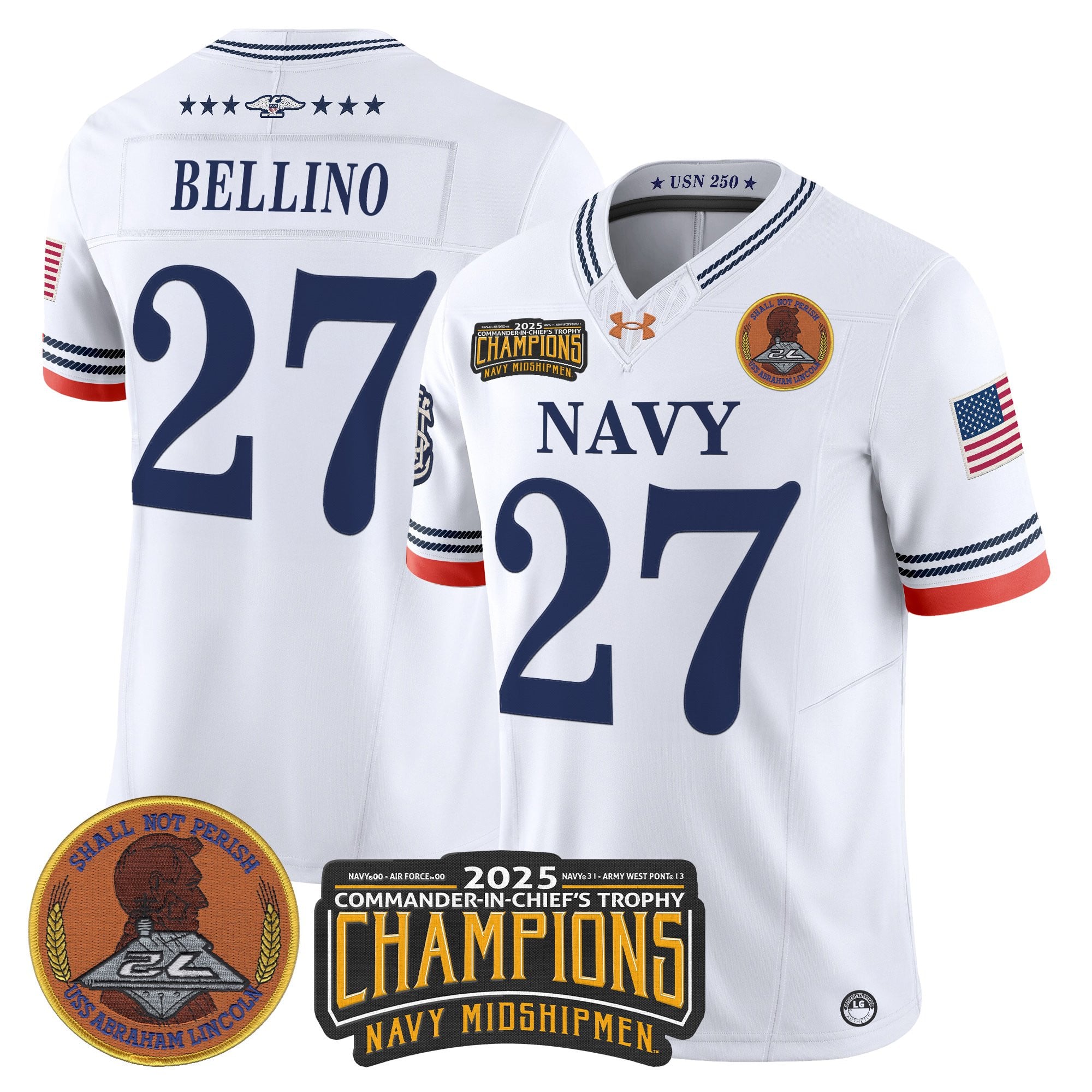 Men's Navy Midshipmen 250th Anniversary Vapor Limited Jersey - 2025 Commander-In-Chief's Trophy Champions Patch - Stitched