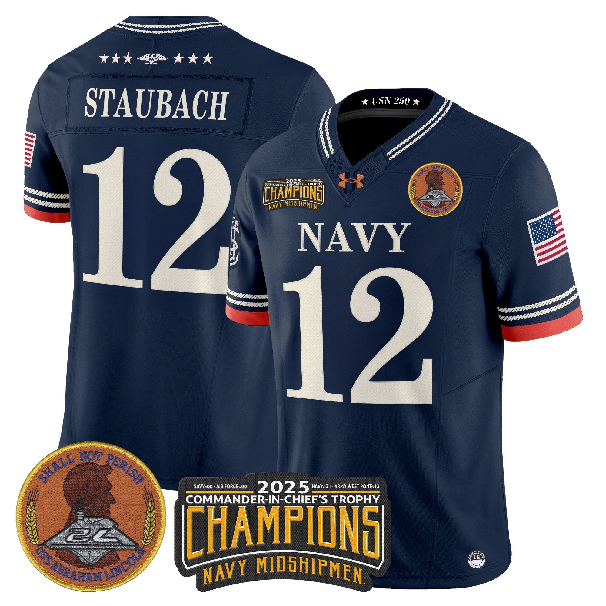 Men's Navy Midshipmen 250th Anniversary Vapor Limited Jersey - 2025 Commander-In-Chief's Trophy Champions Patch - Stitched