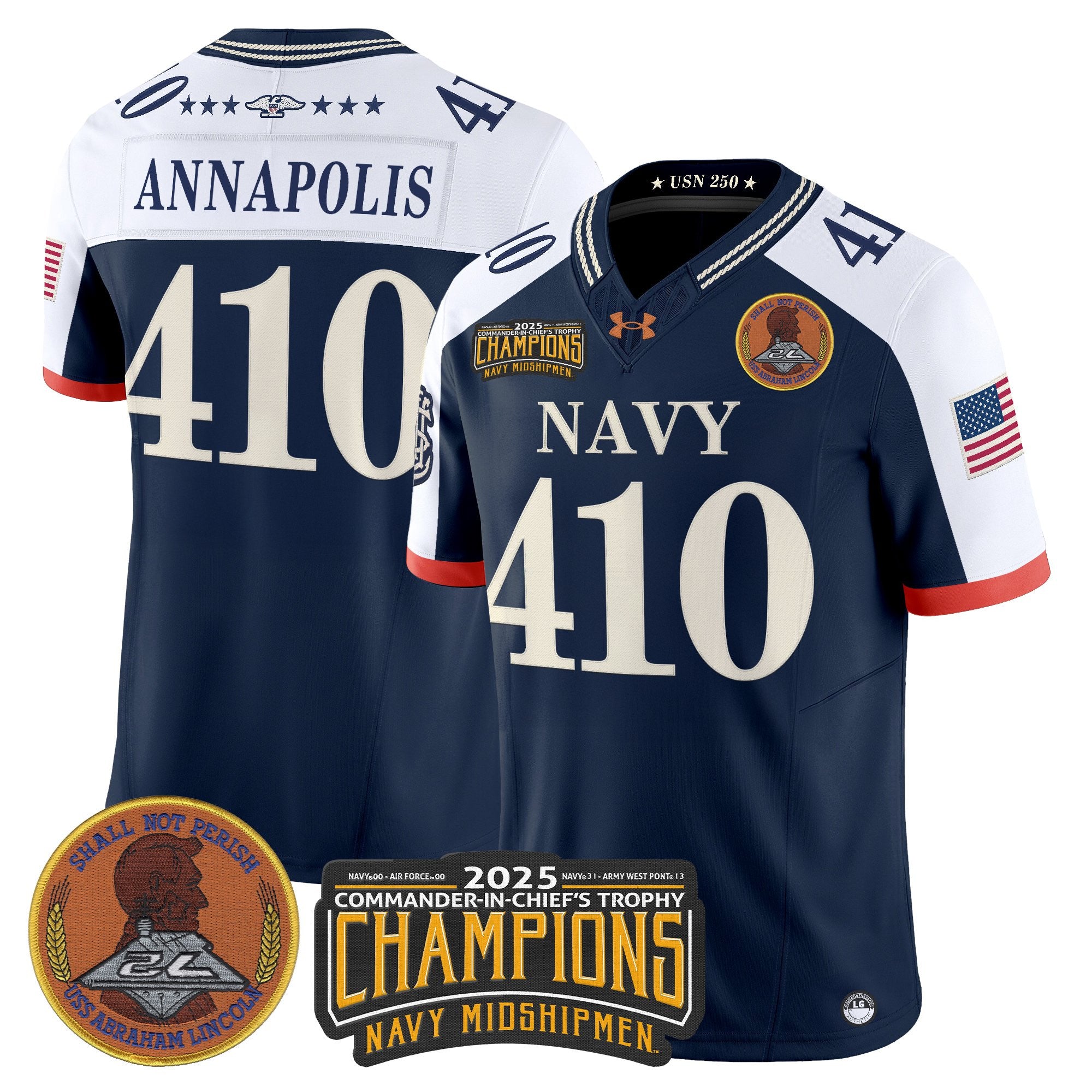 Men's Navy Midshipmen 250th Anniversary Vapor Limited Jersey - 2025 Commander-In-Chief's Trophy Champions Patch - Stitched