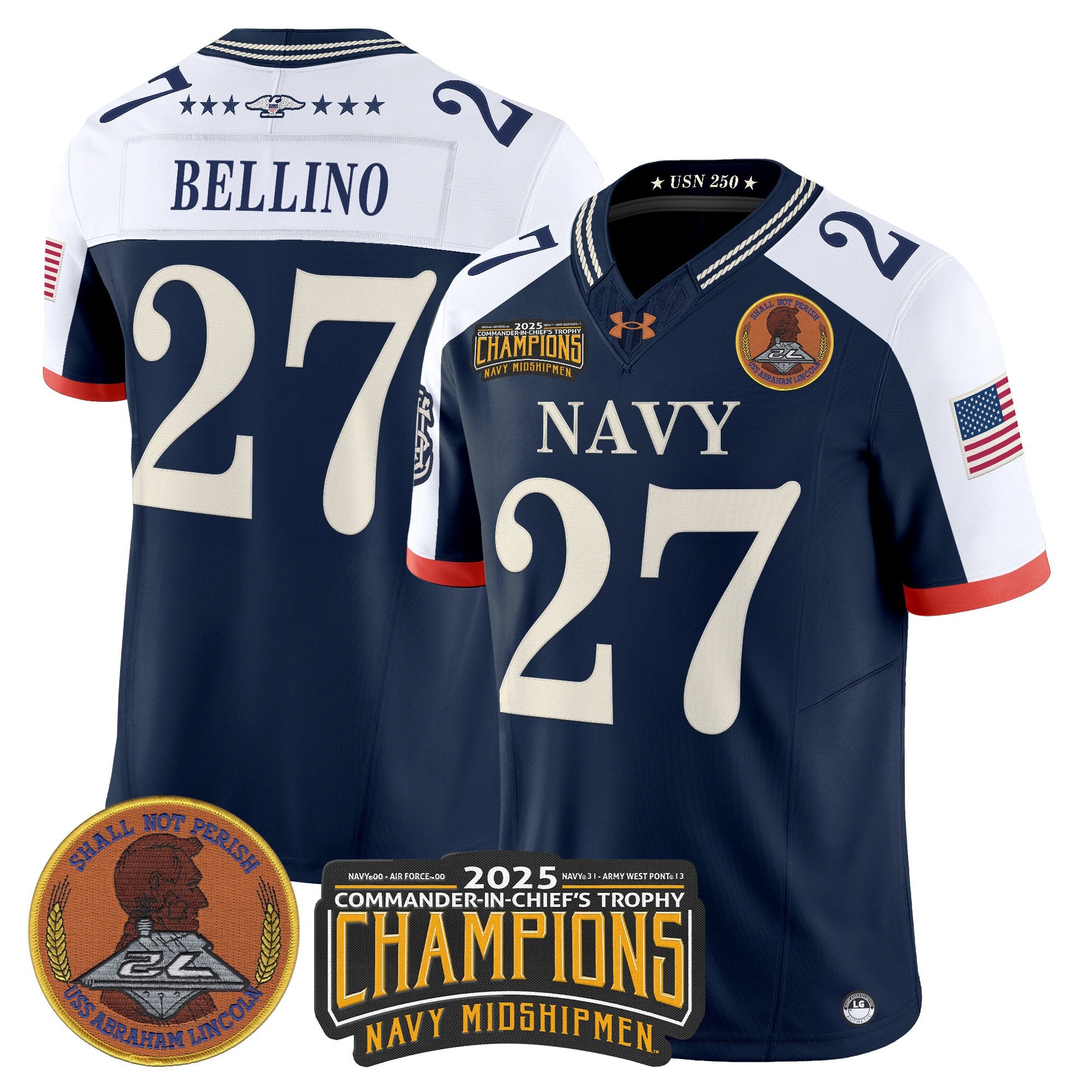 Men's Navy Midshipmen 250th Anniversary Vapor Limited Jersey - 2025 Commander-In-Chief's Trophy Champions Patch - Stitched