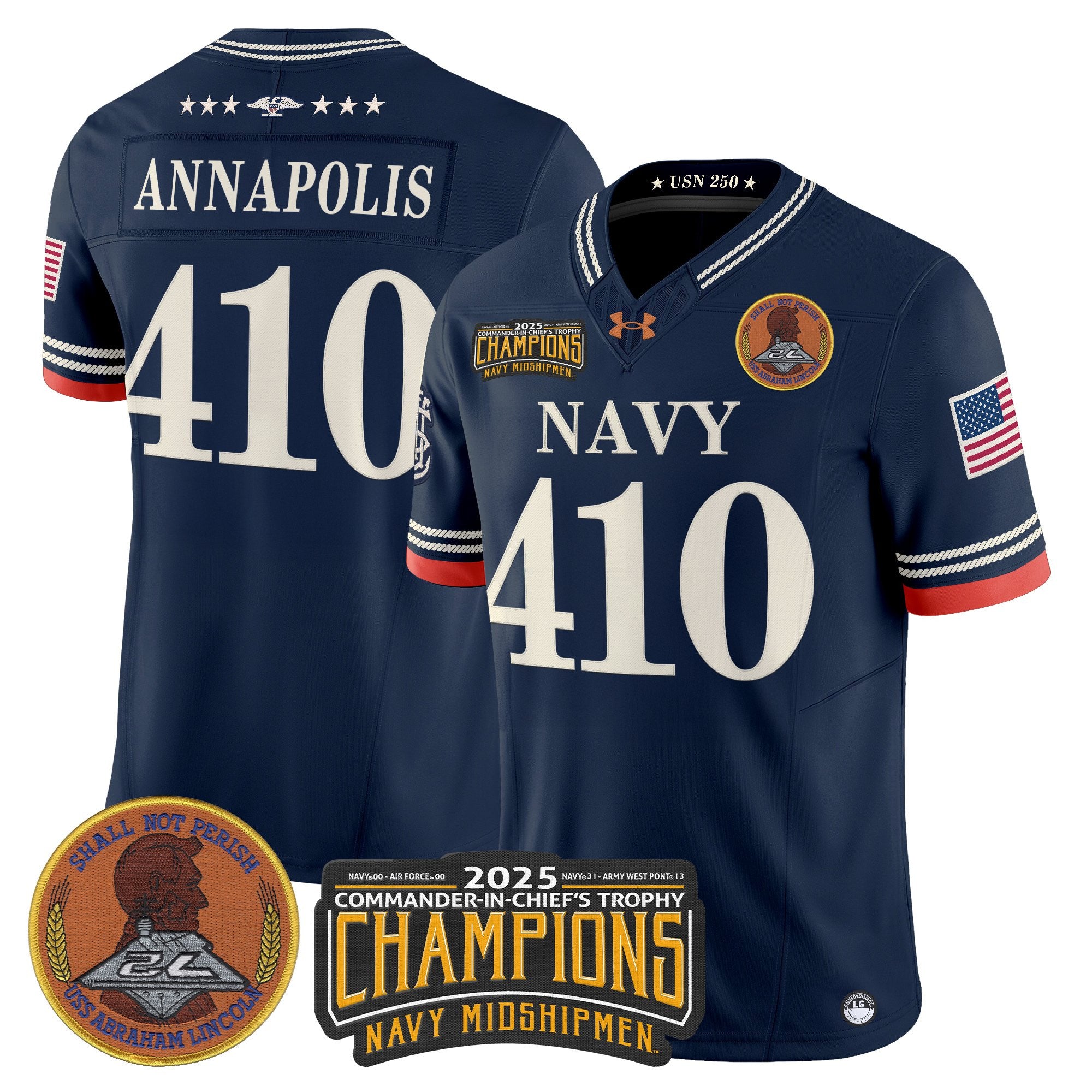 Men's Navy Midshipmen 250th Anniversary Vapor Limited Jersey - 2025 Commander-In-Chief's Trophy Champions Patch - Stitched
