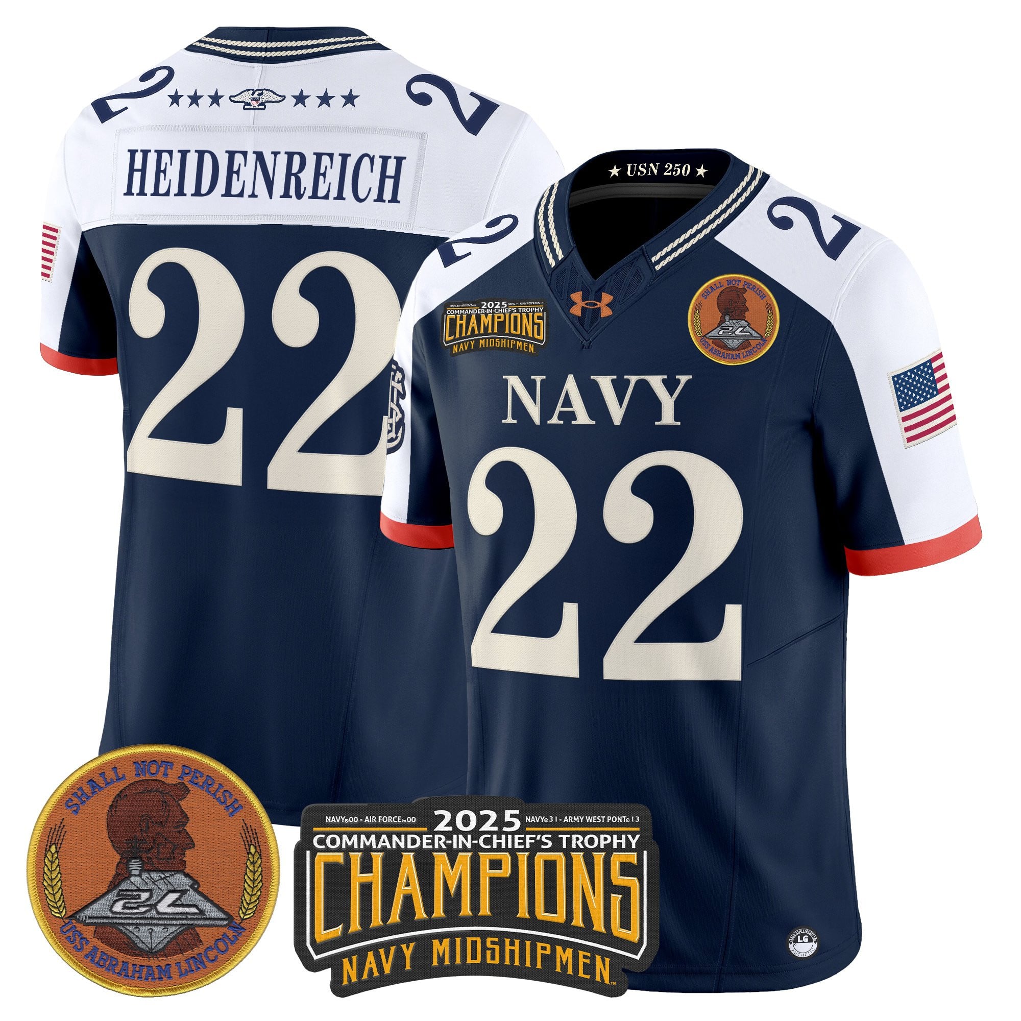 Men's Navy Midshipmen 250th Anniversary Vapor Limited Jersey - 2025 Commander-In-Chief's Trophy Champions Patch - Stitched