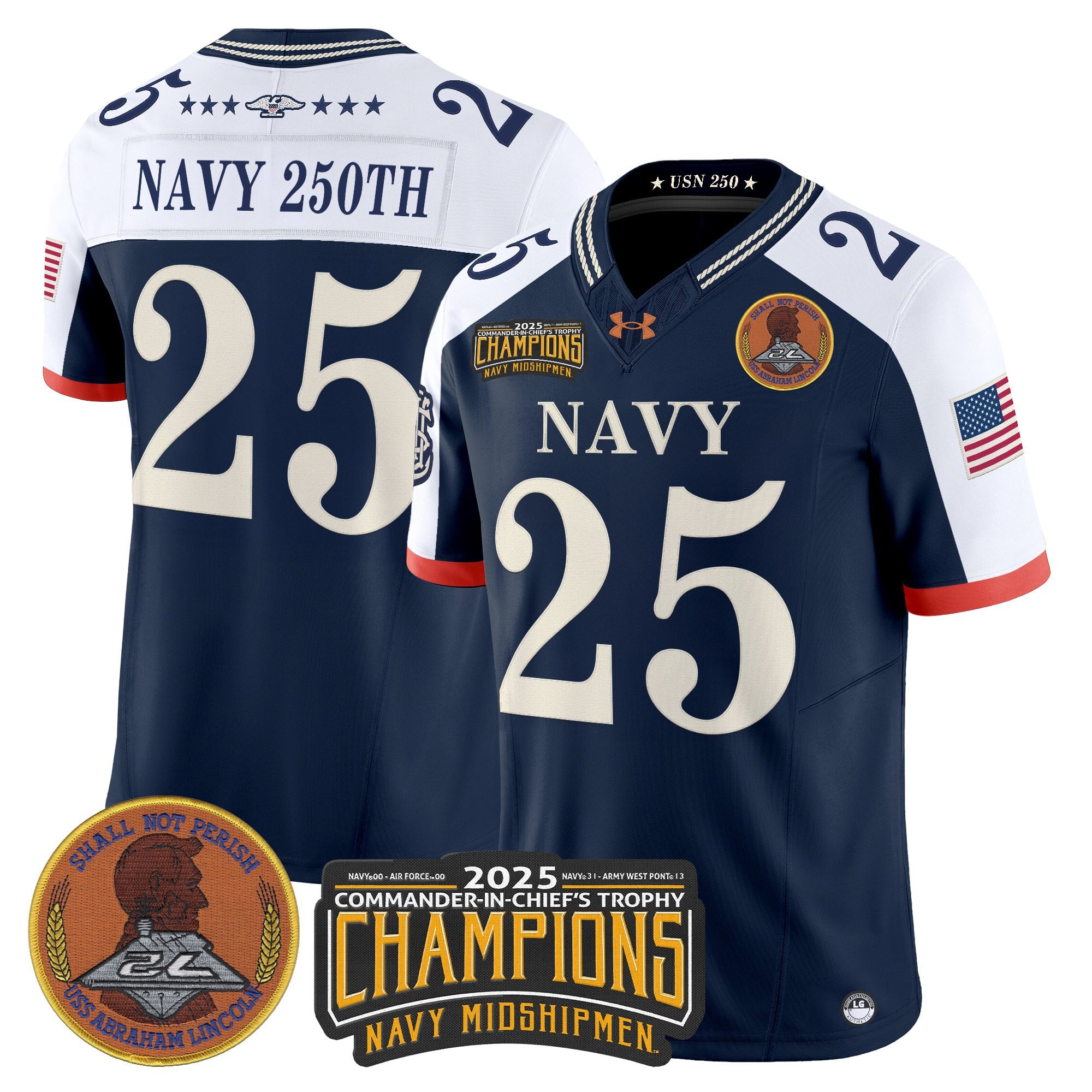 Men's Navy Midshipmen 250th Anniversary Vapor Limited Jersey - 2025 Commander-In-Chief's Trophy Champions Patch - Stitched