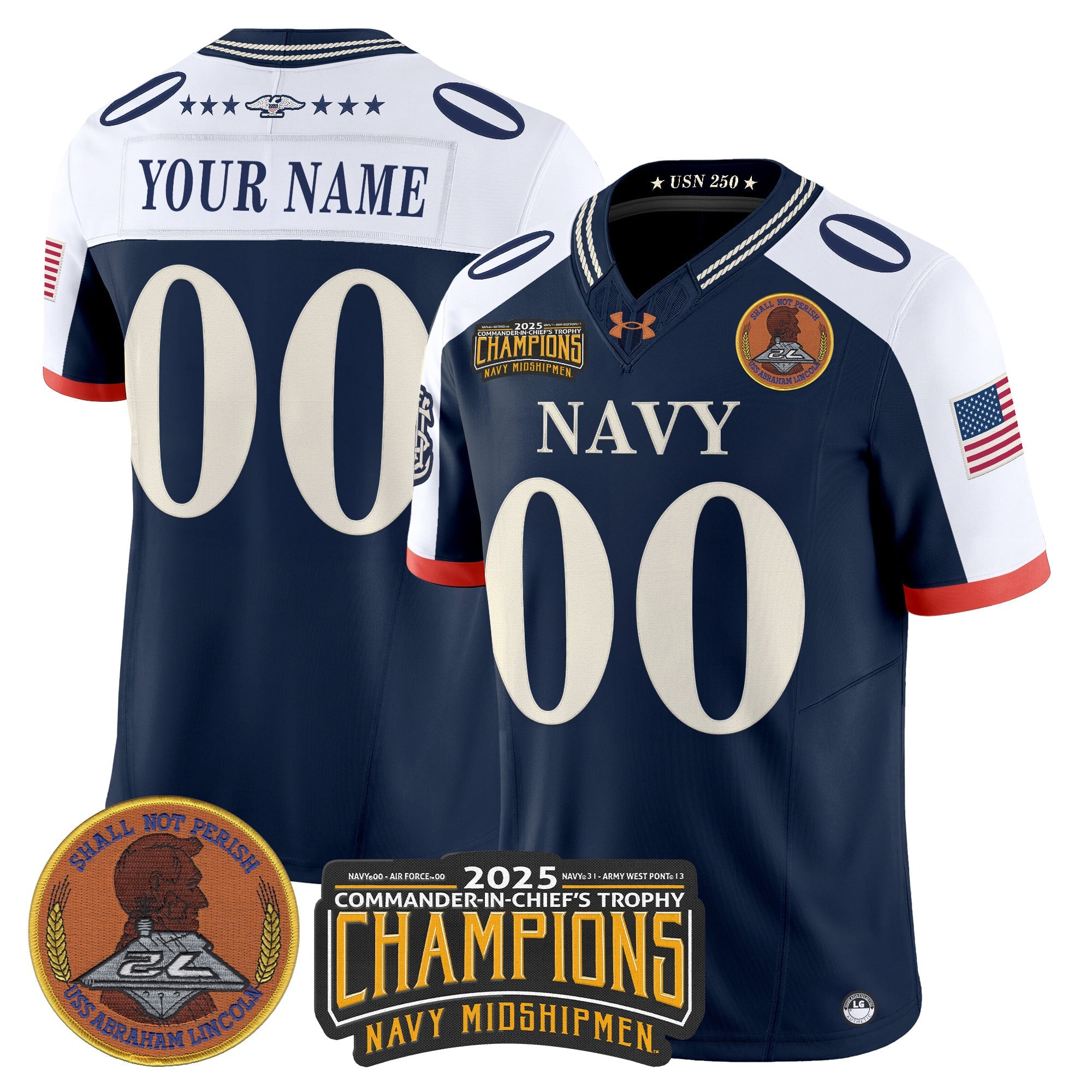 Navy Midshipmen 250th Anniversary Vapor Limited Custom Jersey - 2025 Commander-In-Chief's Trophy Champions Patch - Stitched