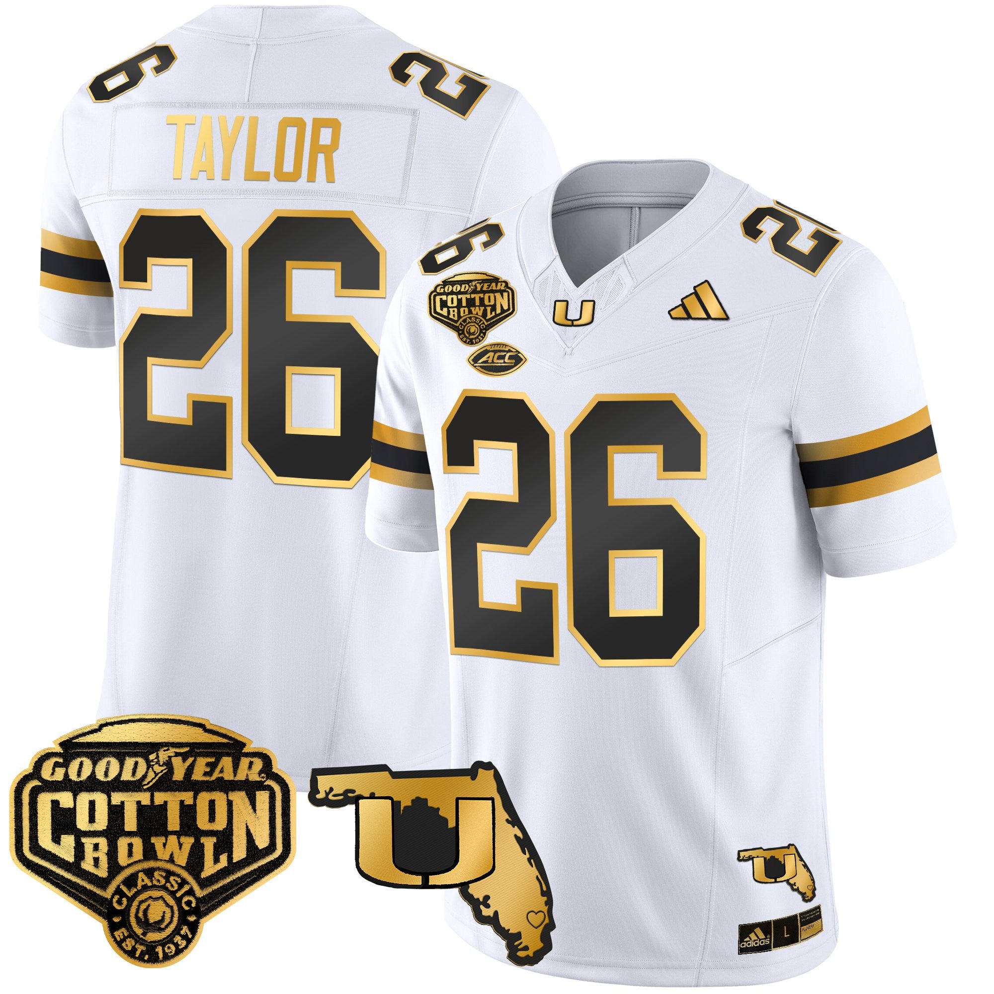 Men's Miami Hurricanes 2025/26 Cotton Bowl & Florida Patch Gold Vapor Limited Jersey - All Stitched