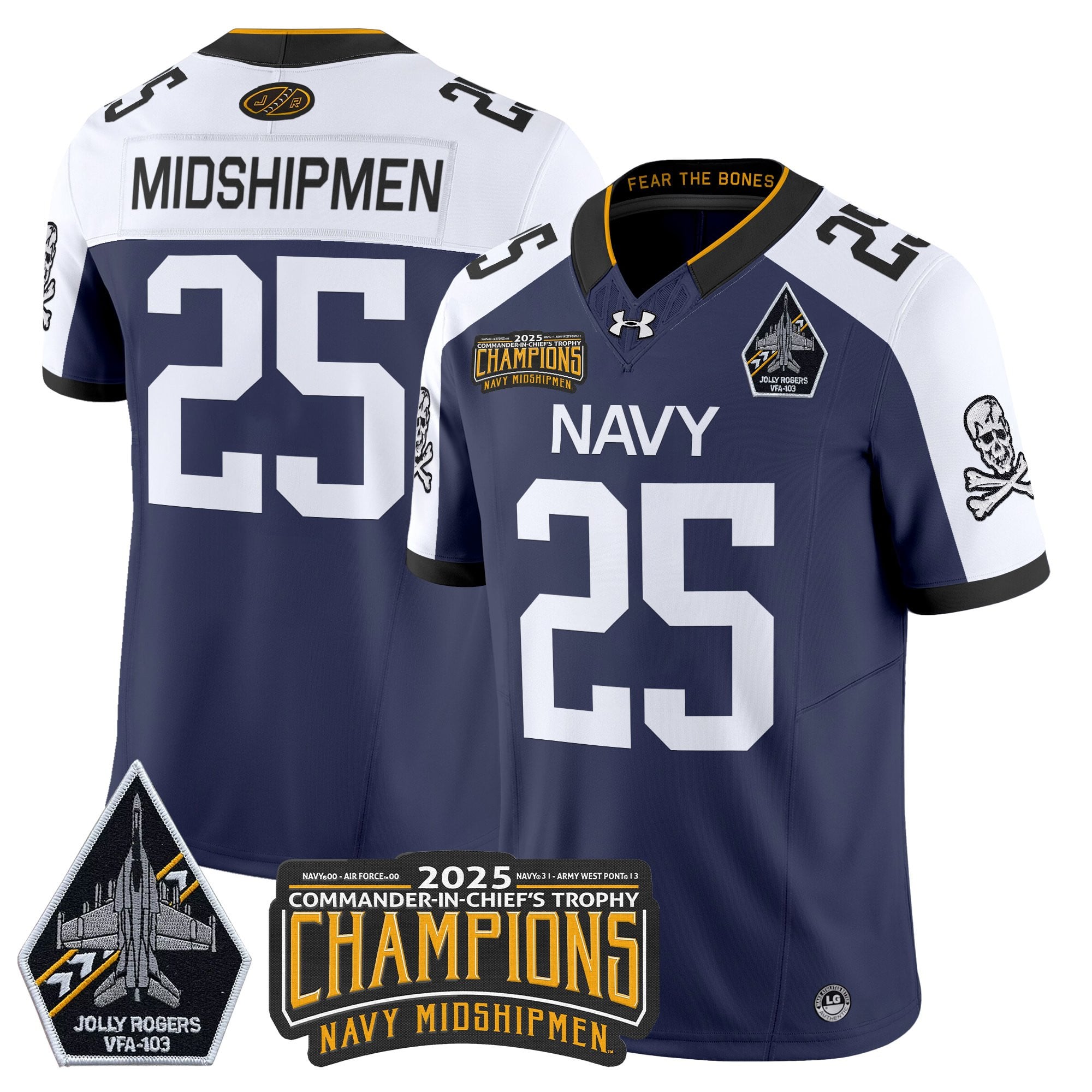 Men's Navy Midshipmen Jolly Rogers 2025 Commander-In-Chief's Trophy Champions Vapor Limited Jersey - All Stitched