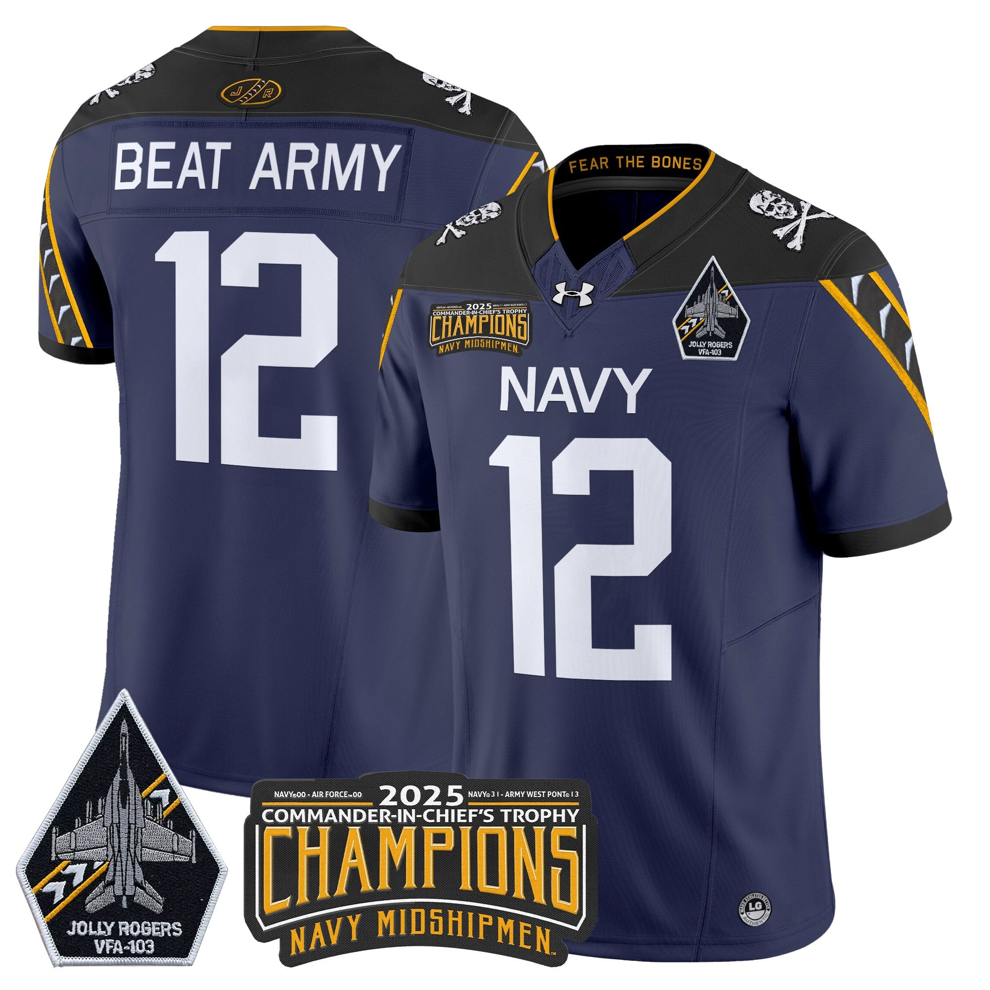 Men's Navy Midshipmen Jolly Rogers 2025 Commander-In-Chief's Trophy Champions Vapor Limited Jersey - All Stitched