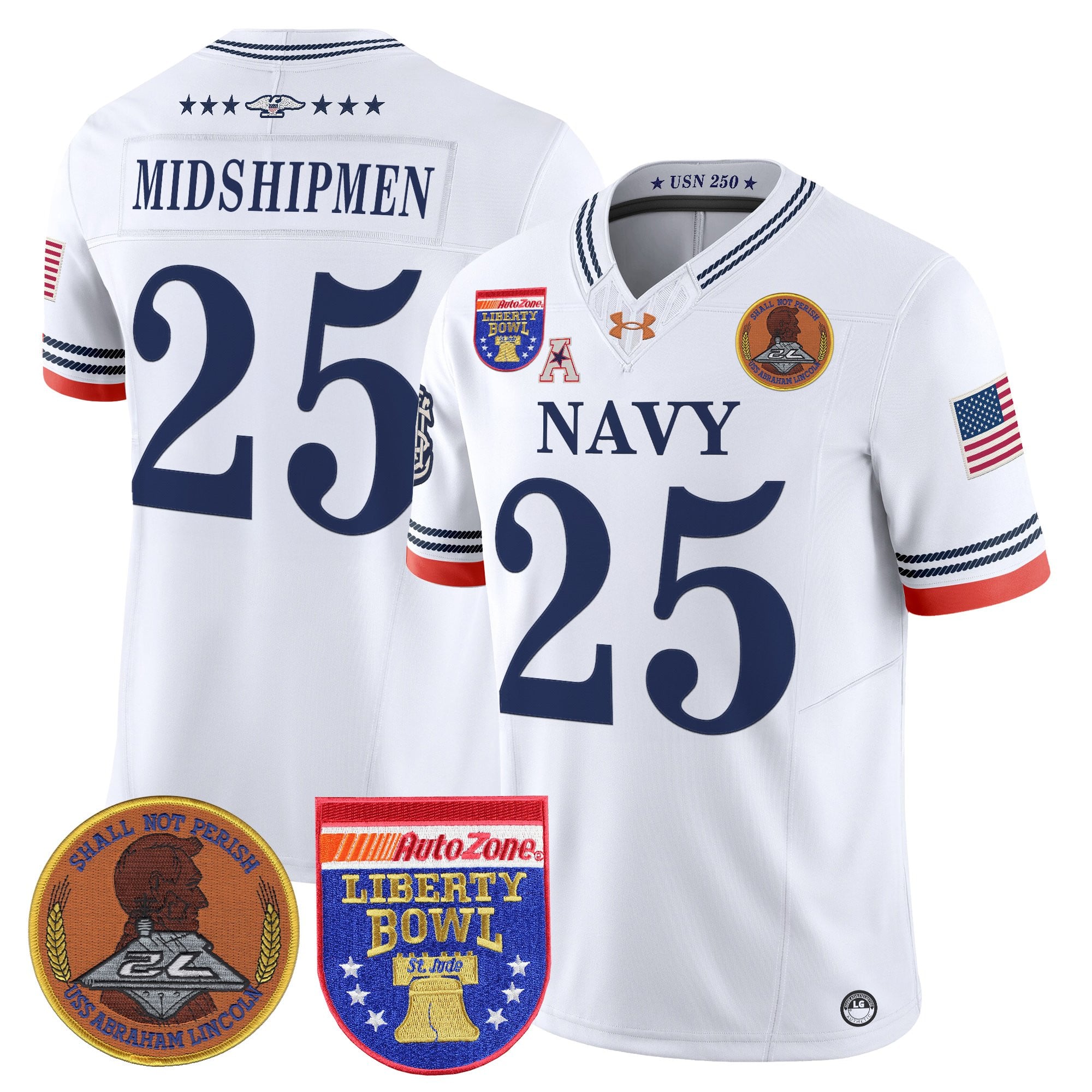 Men's Navy Midshipmen 250th Anniversary Vapor Limited Jersey - 2026 Liberty Bowl Patch - Stitched