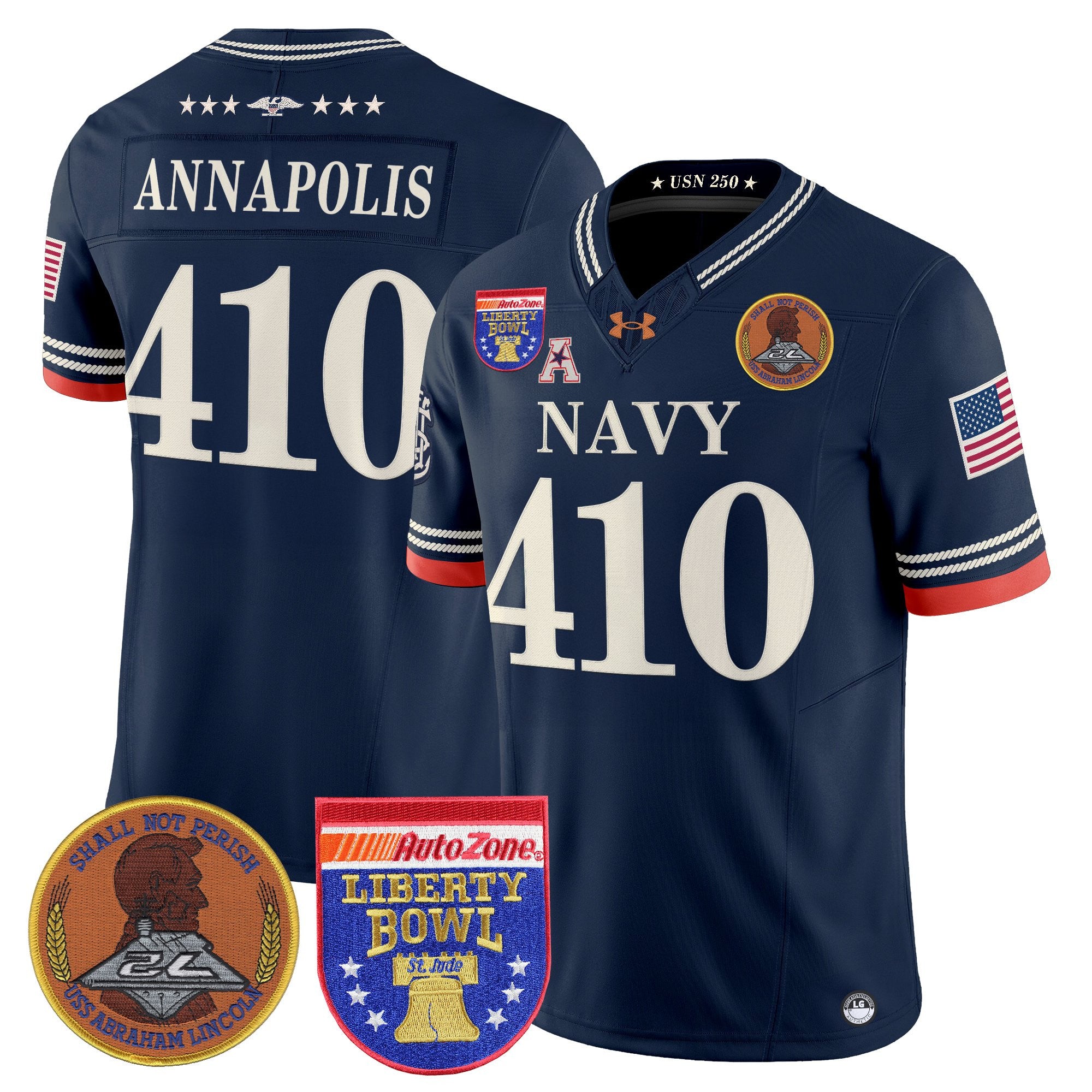 Men's Navy Midshipmen 250th Anniversary Vapor Limited Jersey - 2026 Liberty Bowl Patch - Stitched