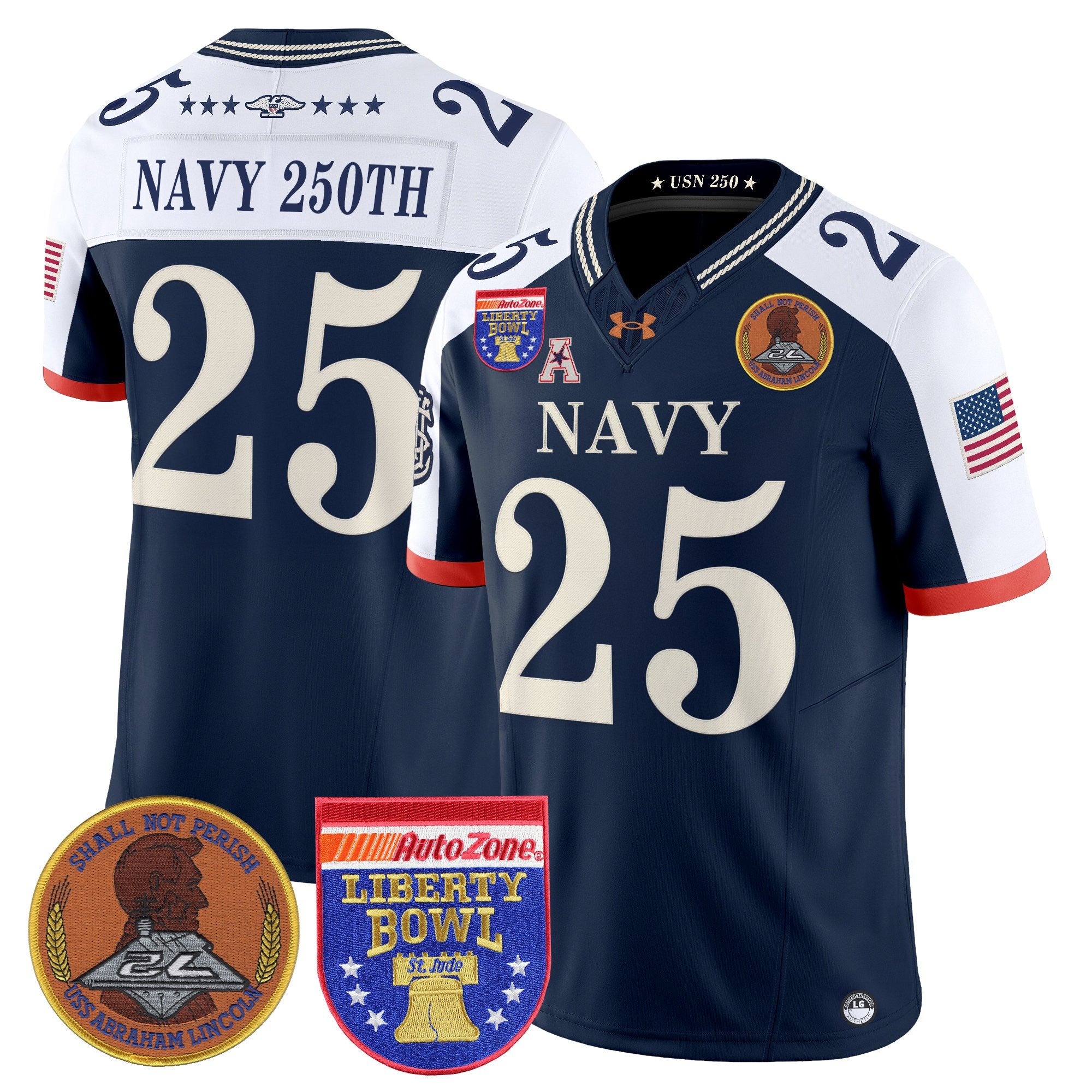 Men's Navy Midshipmen 250th Anniversary Vapor Limited Jersey - 2026 Liberty Bowl Patch - Stitched