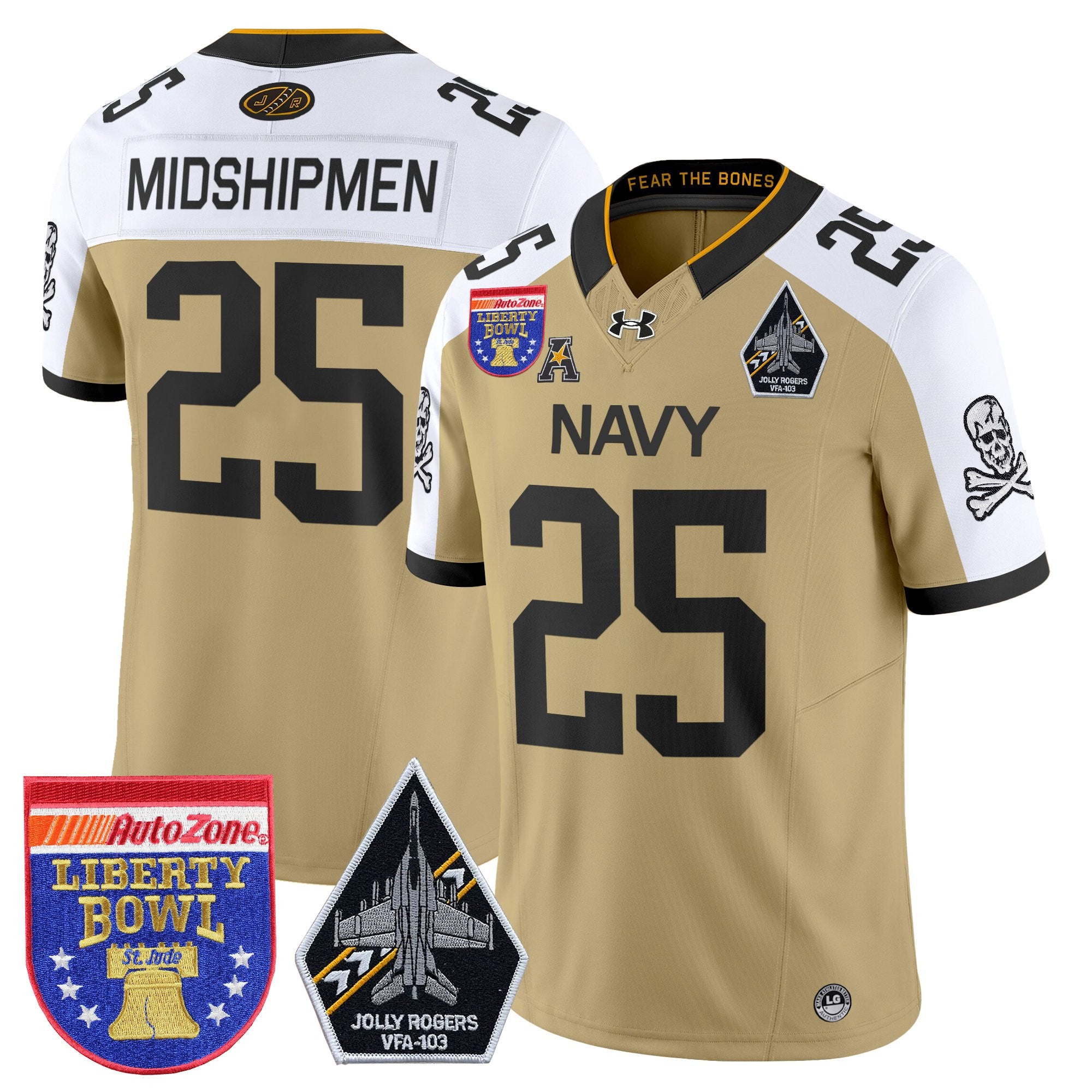 Men's Navy Midshipmen 'Jolly Rogers Edition' Vapor Limited Jersey - 2026 Liberty Bowl Patch - All Stitched
