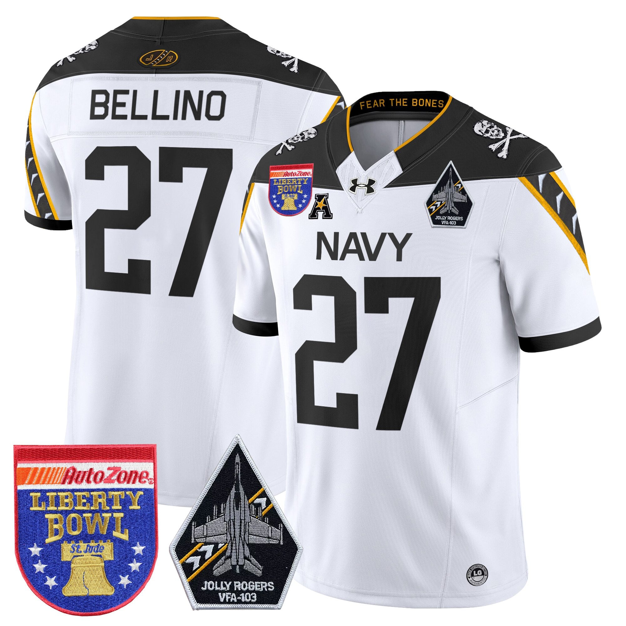 Men's Navy Midshipmen 'Jolly Rogers Edition' Vapor Limited Jersey - 2026 Liberty Bowl Patch - All Stitched