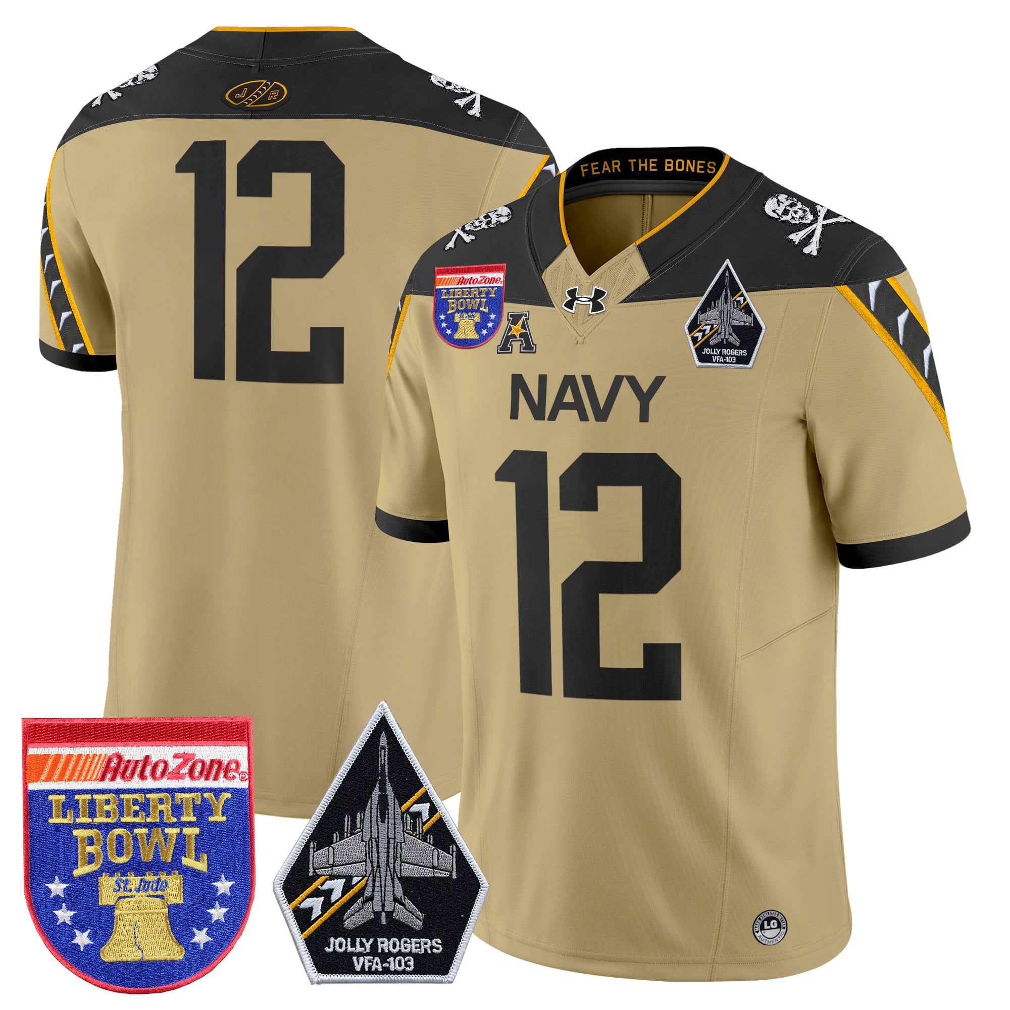 Men's Navy Midshipmen 'Jolly Rogers Edition' Vapor Limited Jersey - 2026 Liberty Bowl Patch - All Stitched