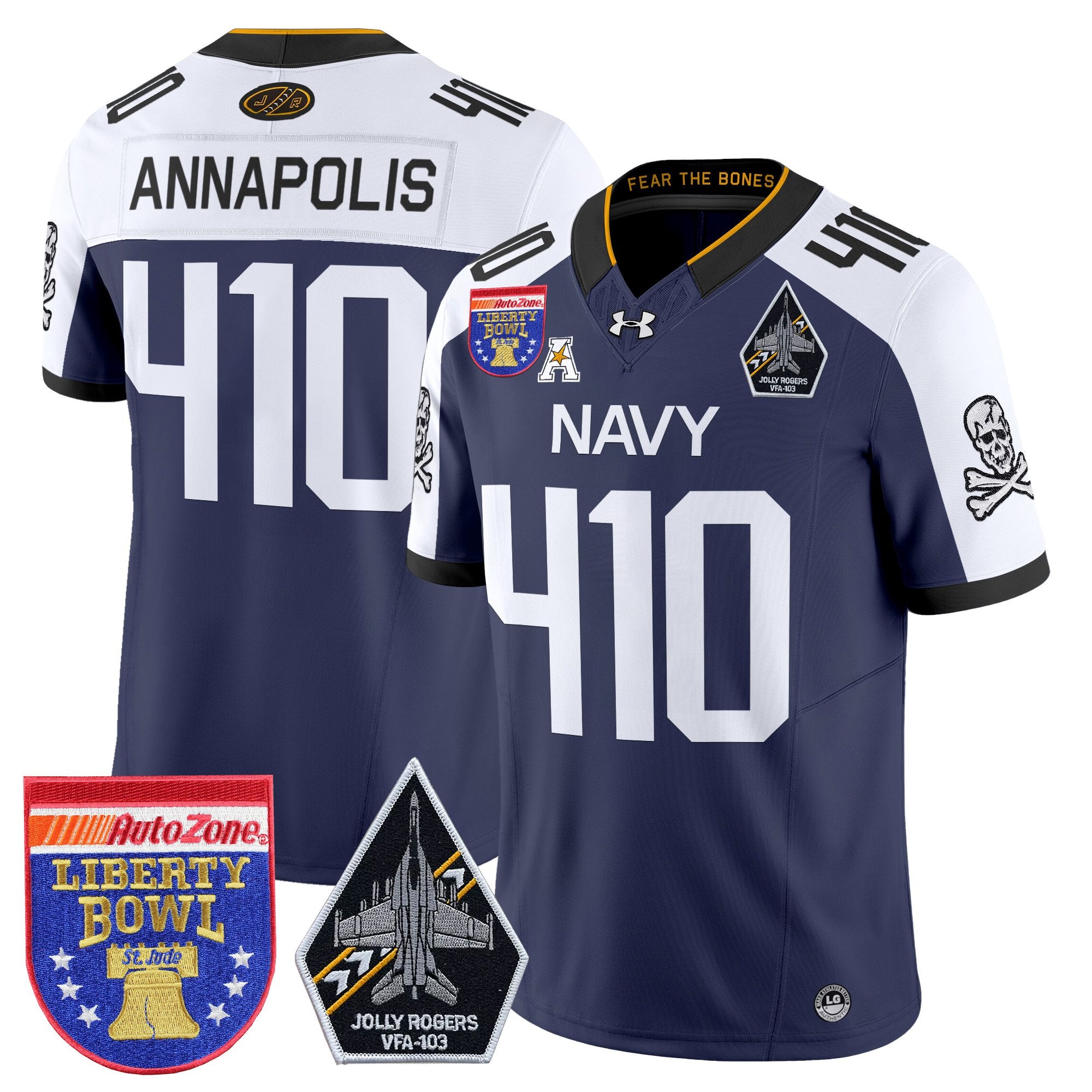 Men's Navy Midshipmen 'Jolly Rogers Edition' Vapor Limited Jersey - 2026 Liberty Bowl Patch - All Stitched