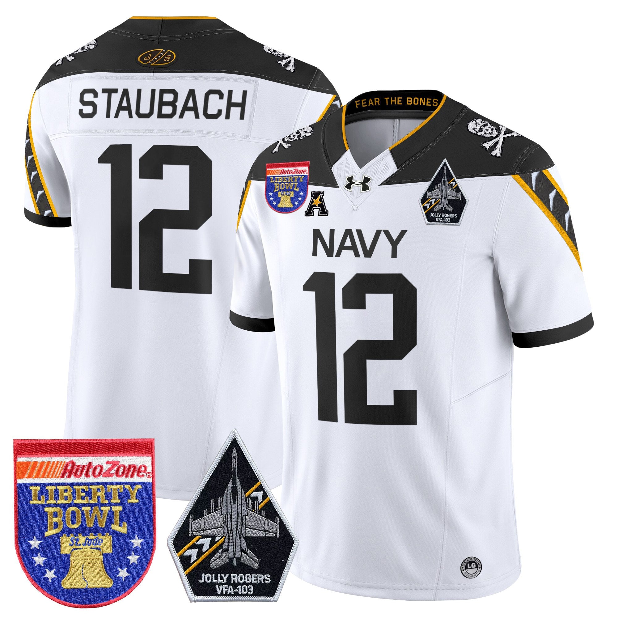Men's Navy Midshipmen 'Jolly Rogers Edition' Vapor Limited Jersey - 2026 Liberty Bowl Patch - All Stitched