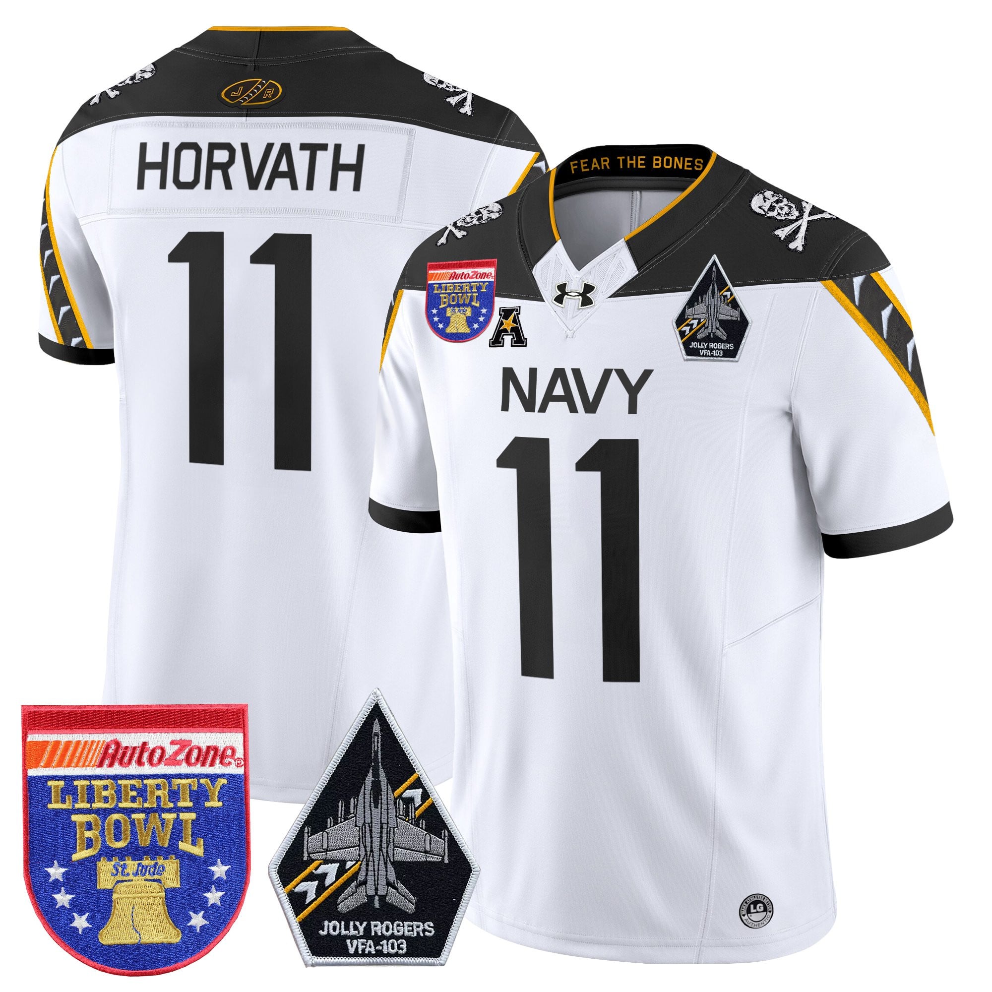 Men's Navy Midshipmen 'Jolly Rogers Edition' Vapor Limited Jersey - 2026 Liberty Bowl Patch - All Stitched