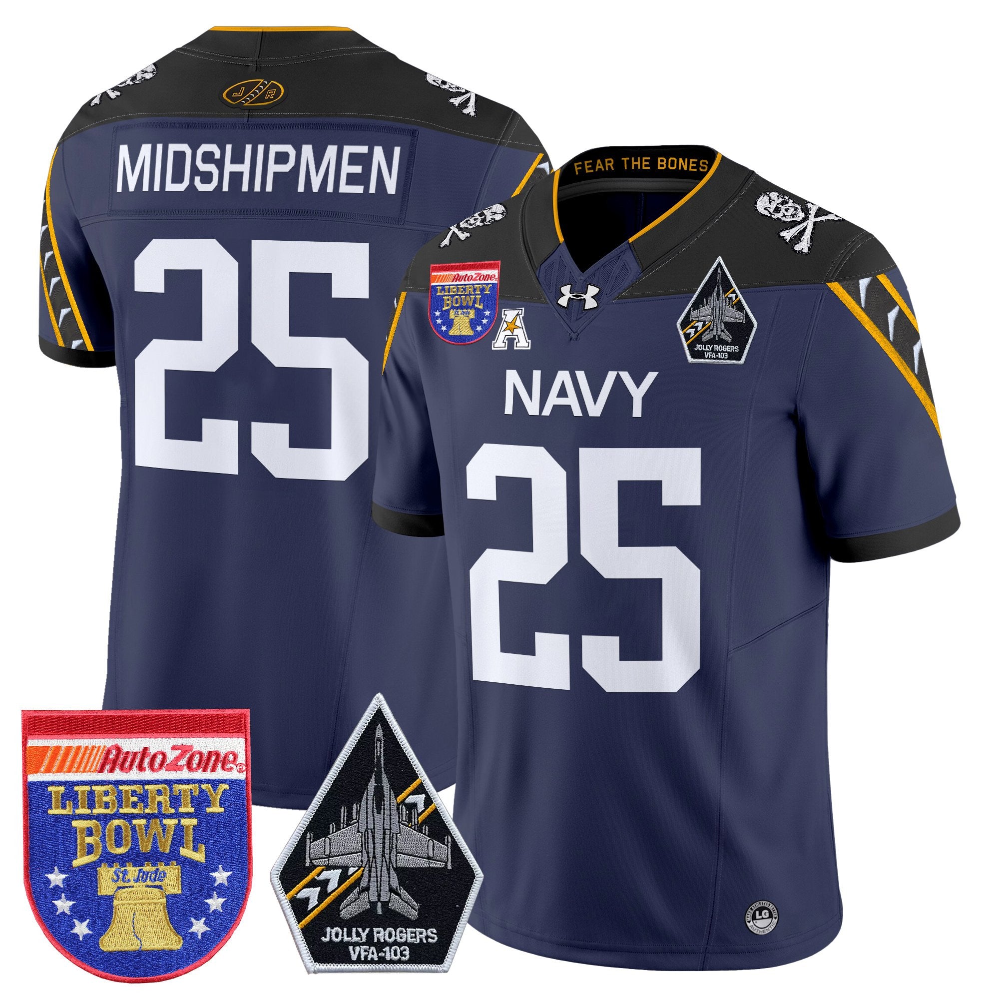 Men's Navy Midshipmen 'Jolly Rogers Edition' Vapor Limited Jersey - 2026 Liberty Bowl Patch - All Stitched