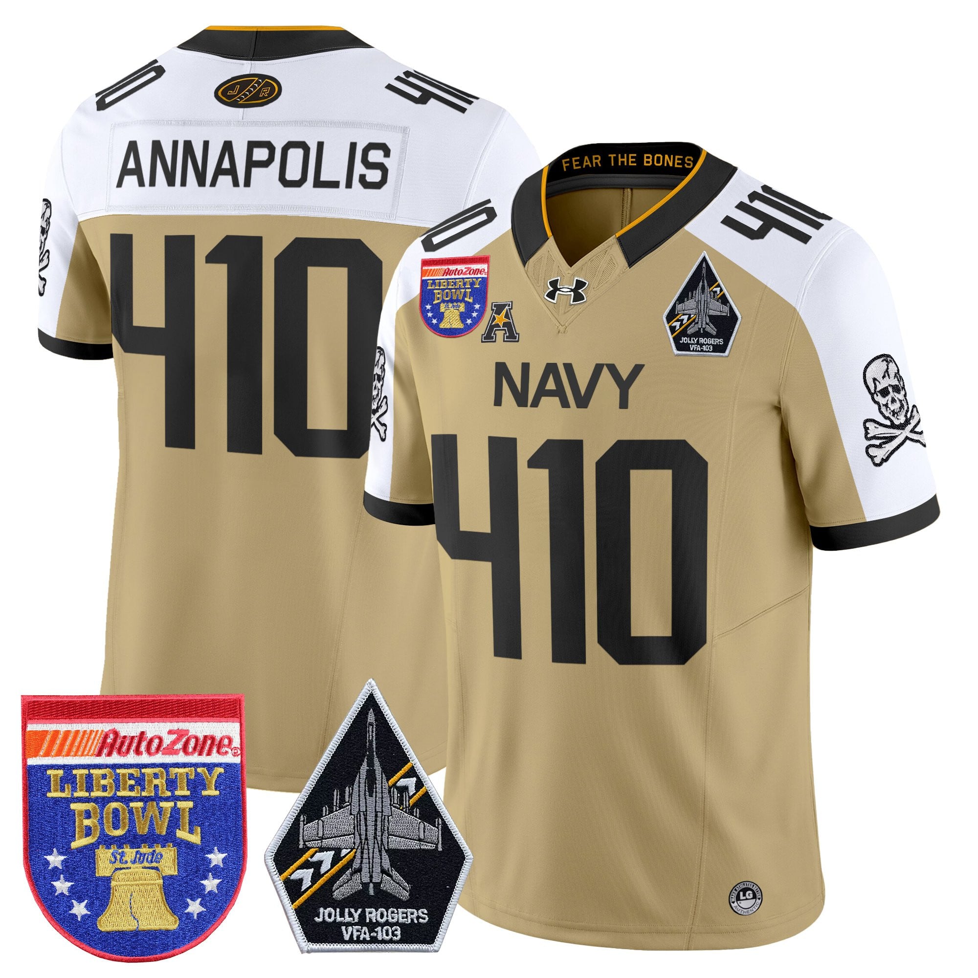 Men's Navy Midshipmen 'Jolly Rogers Edition' Vapor Limited Jersey - 2026 Liberty Bowl Patch - All Stitched
