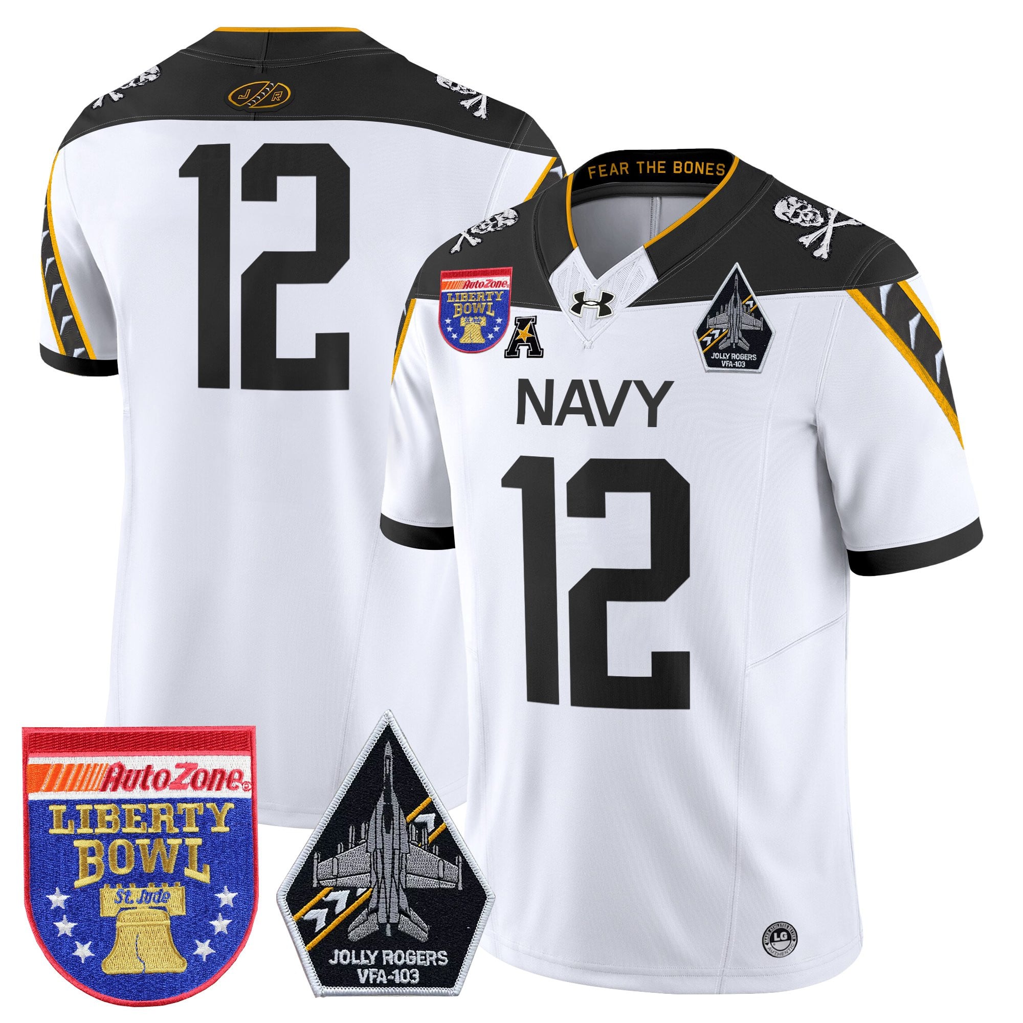 Men's Navy Midshipmen 'Jolly Rogers Edition' Vapor Limited Jersey - 2026 Liberty Bowl Patch - All Stitched