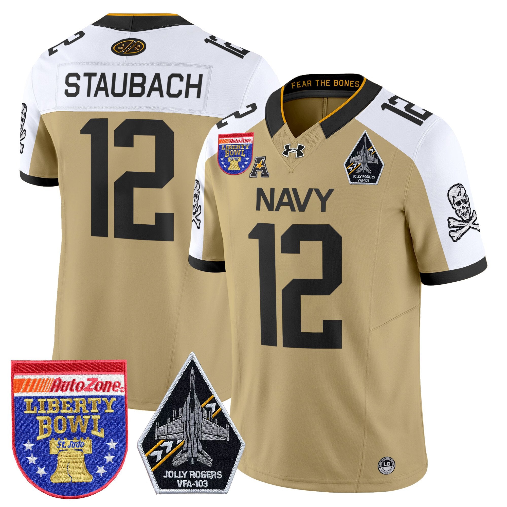 Men's Navy Midshipmen 'Jolly Rogers Edition' Vapor Limited Jersey - 2026 Liberty Bowl Patch - All Stitched