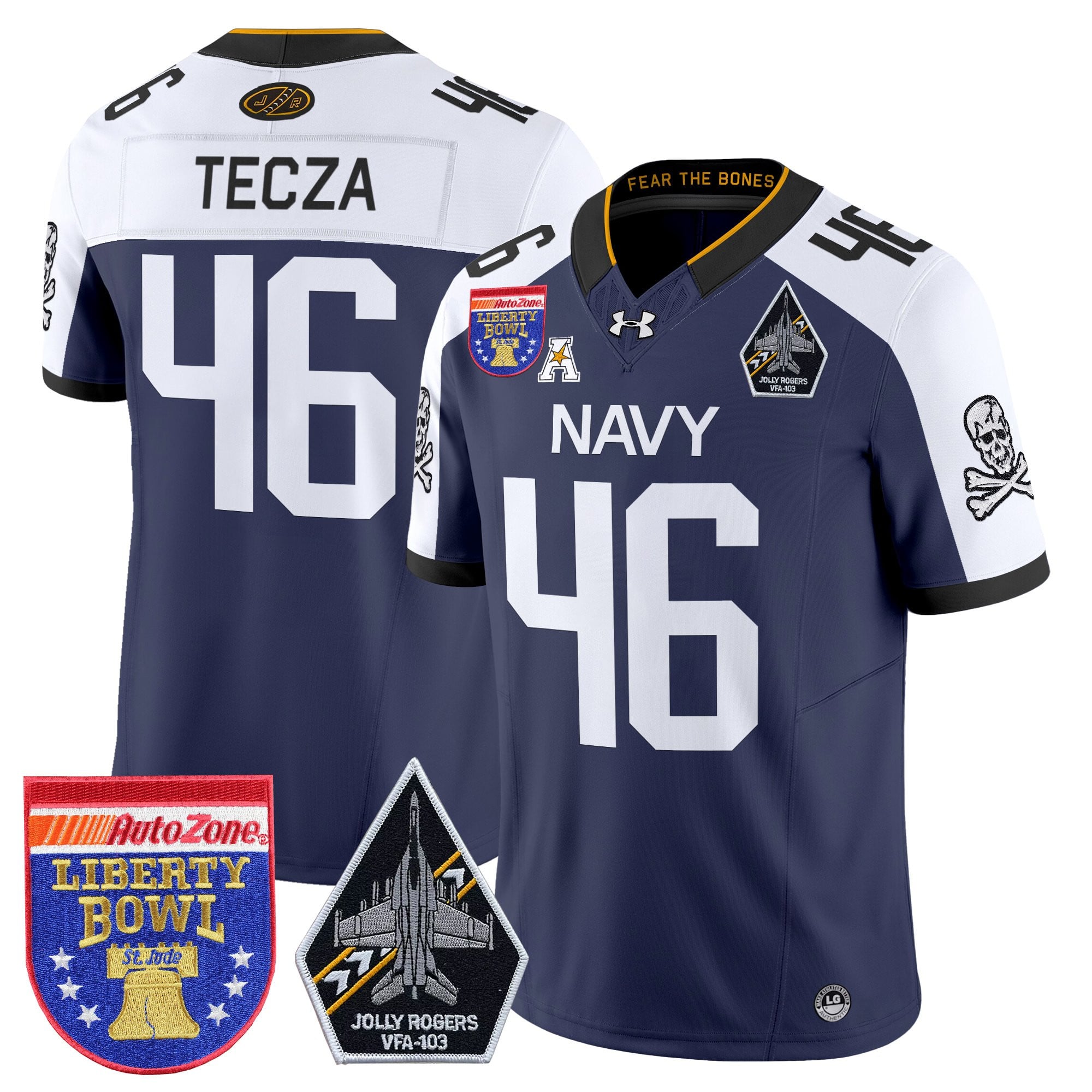Men's Navy Midshipmen 'Jolly Rogers Edition' Vapor Limited Jersey - 2026 Liberty Bowl Patch - All Stitched